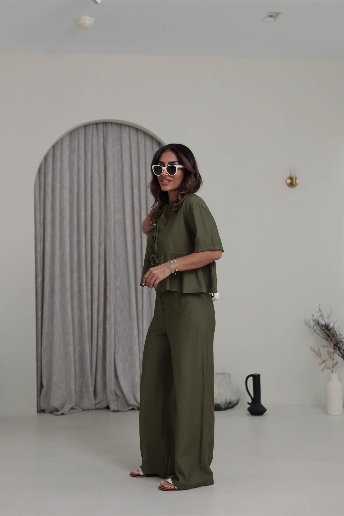 9265 Bağlama Detaylı Çilek Kumaş Takım HAKİ YEŞİL