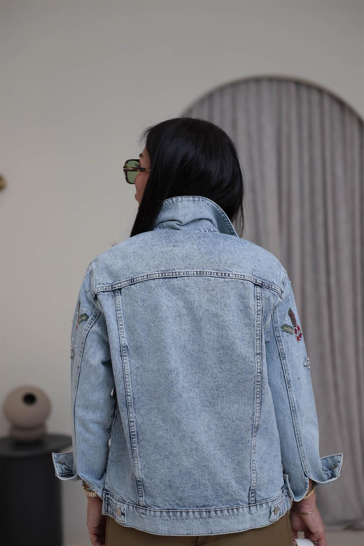 5896 Gömlek Yaka Taşlı İşlemeli Denim Ceket AÇIK MAVİ