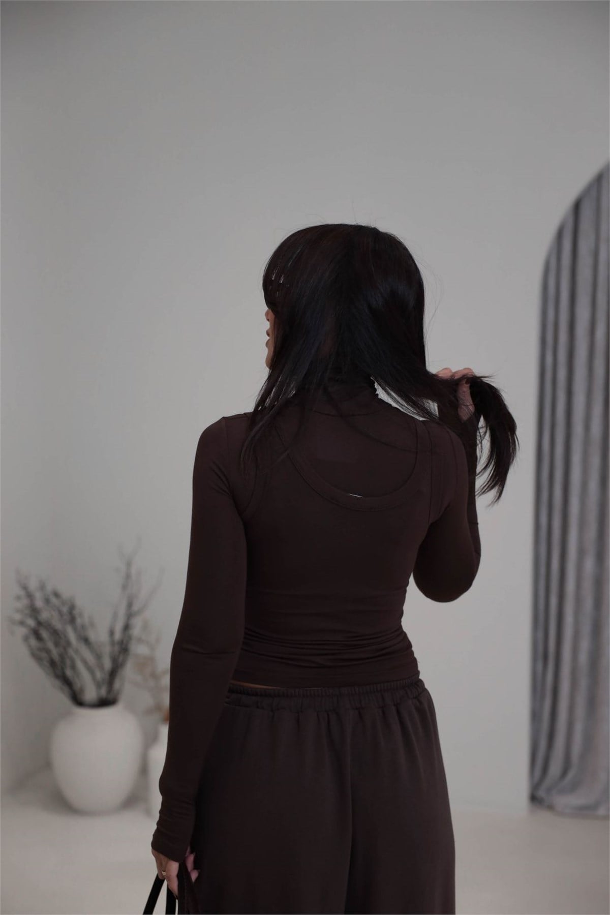 1519 Balıkçı Yaka Atletli Modal İkili Body KAHVE