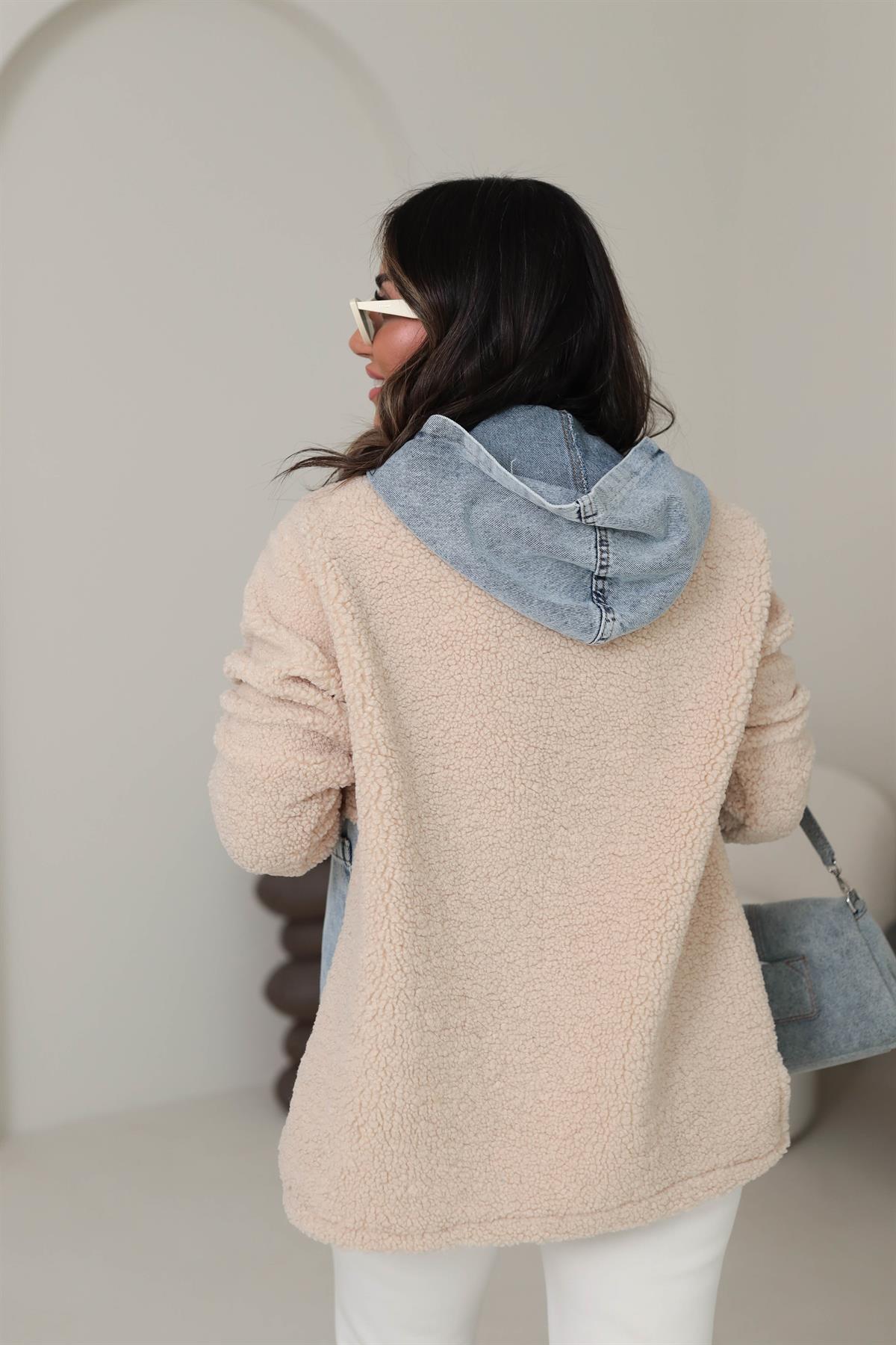 4163 Kot Garnili Kapşonlu Teddy Mont TAŞ