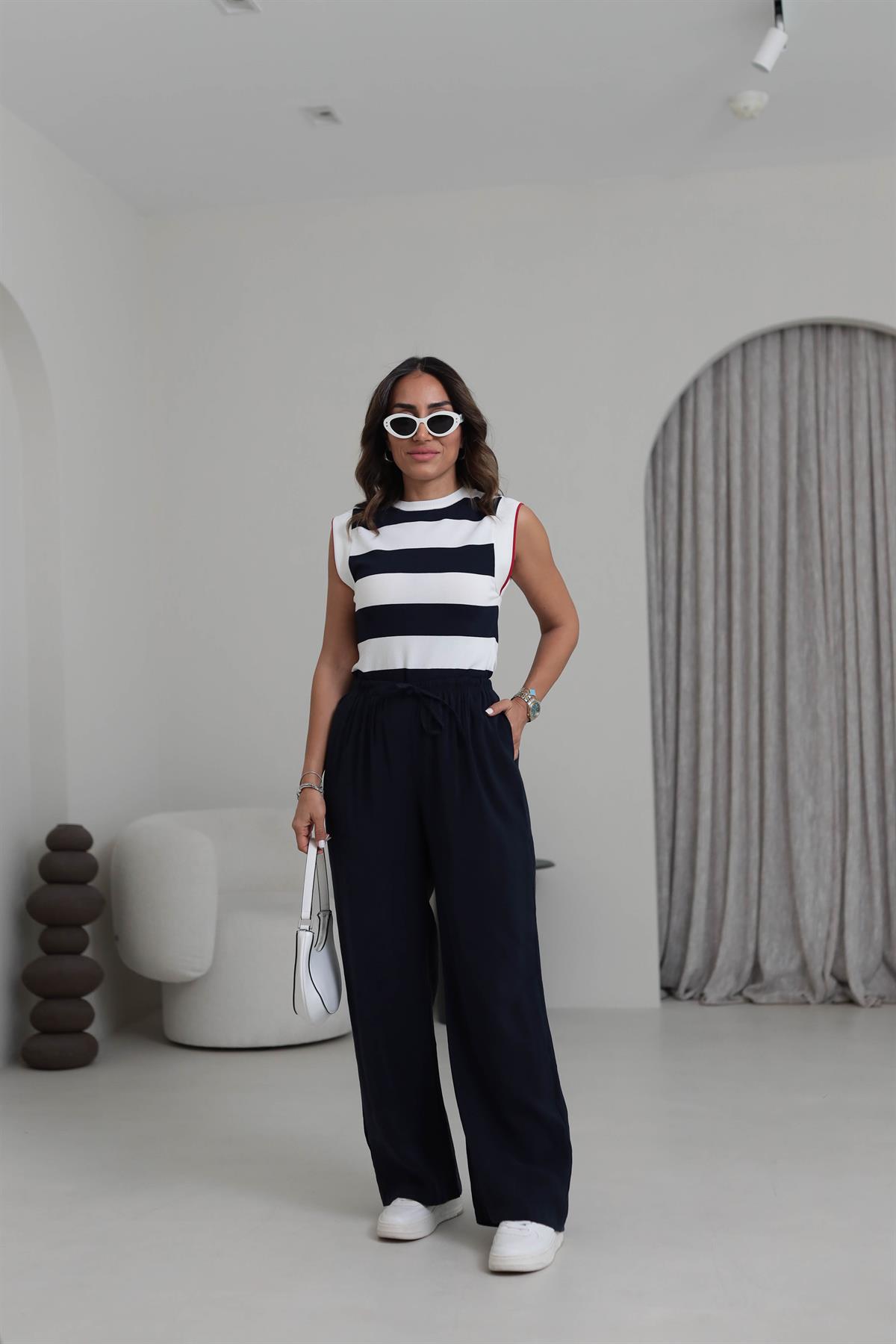 8002 Beli Lastikli Bağcıklı Tencel Pantolon LACİVERT