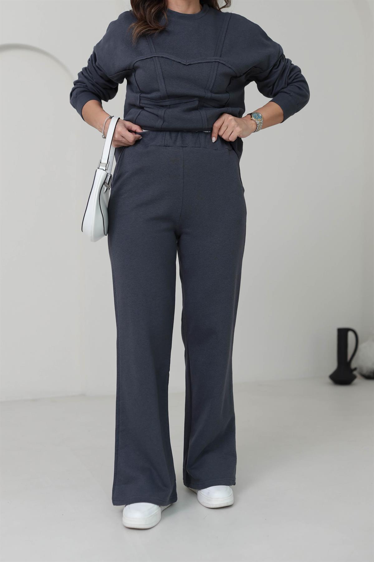 Bisiklet Yaka Dikiş Detaylı Eşofman Takımı ANTRASİT