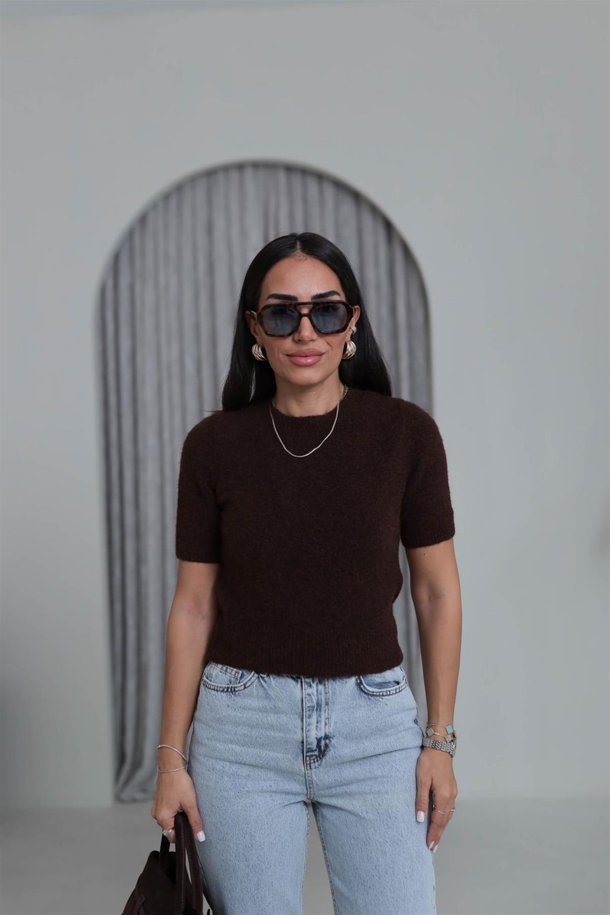 0651 Bisiklet Yaka Yumuşak Dokulu Kısa Kol Triko Kazak KAHVE