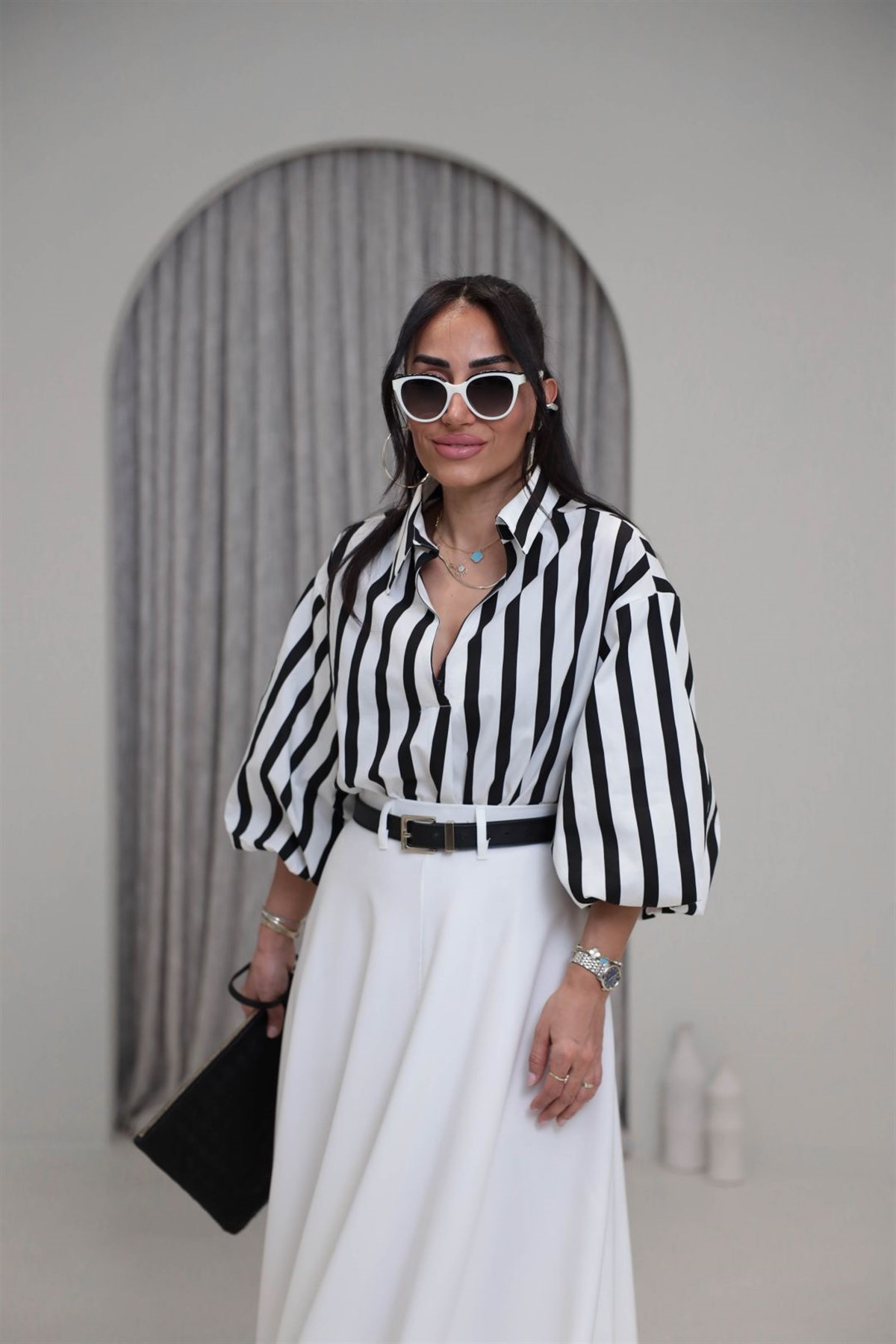 2288 Gömlek Yaka Balon Kol Çizgili Poplin Bluz SİYAHBEYAZ