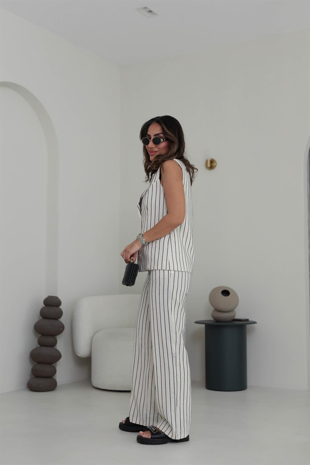 8669 Tek Düğmeli Çizgili Keten Yelek & Pantolon Takım SİYAH