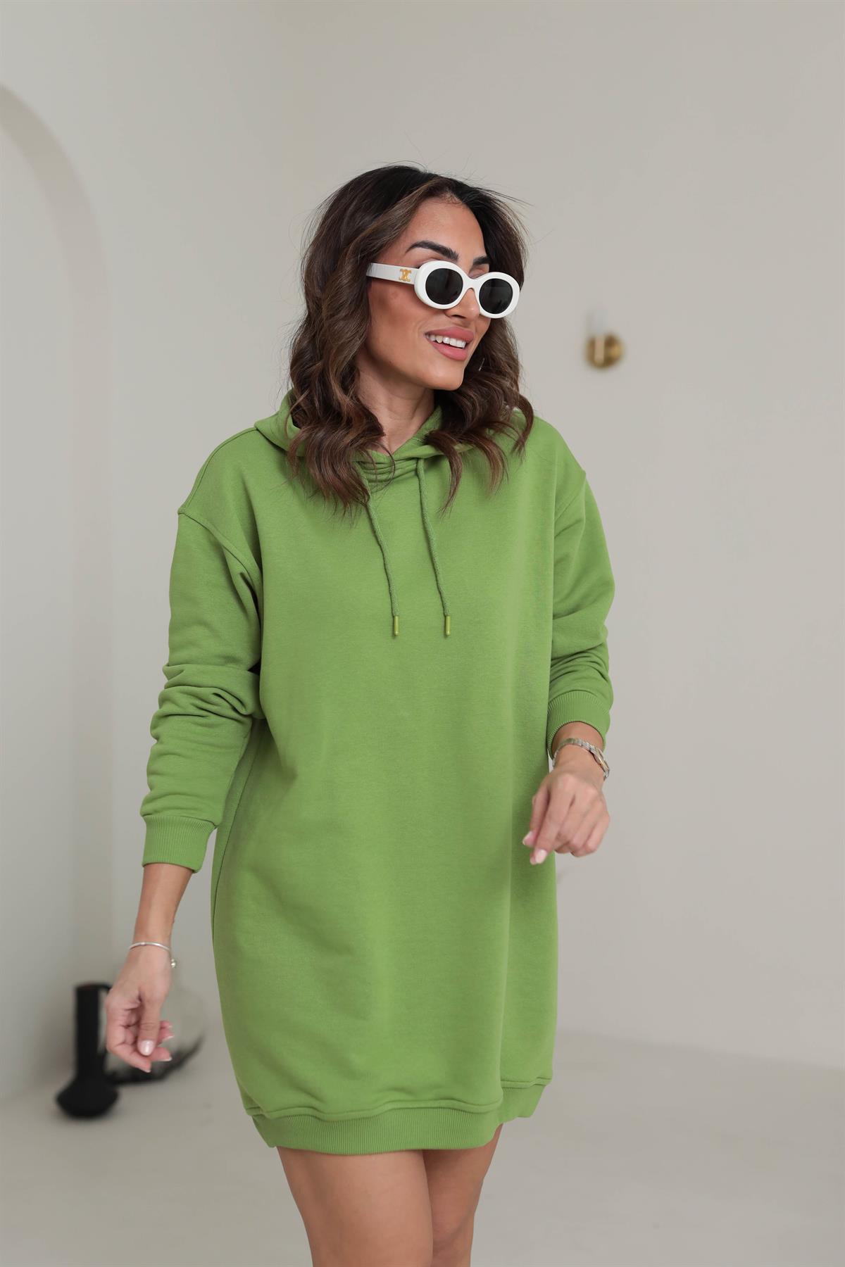 1231 Kapşonlu Sweat Elbise FISTIK YEŞİLİ