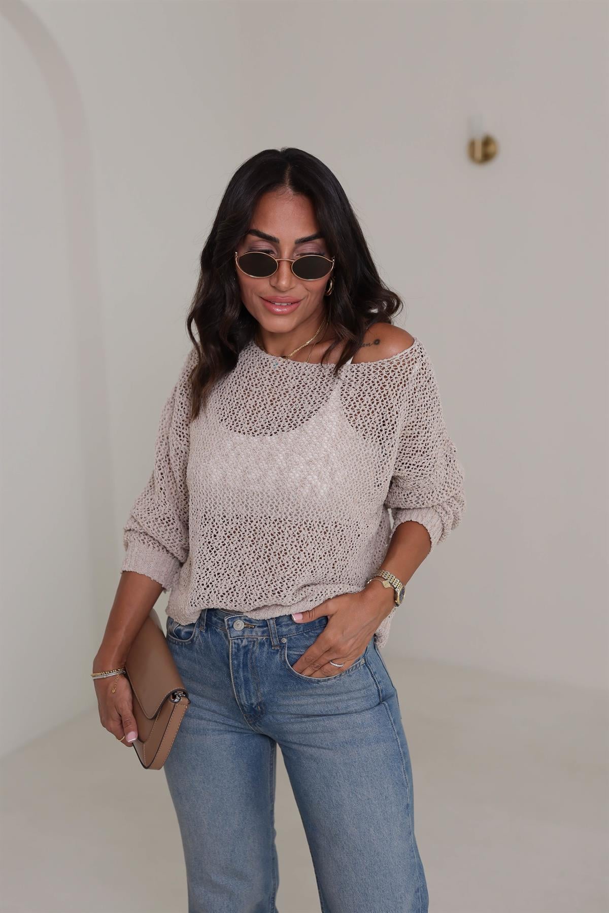 4412 Havuz Yaka Ajurlu Triko BEJ