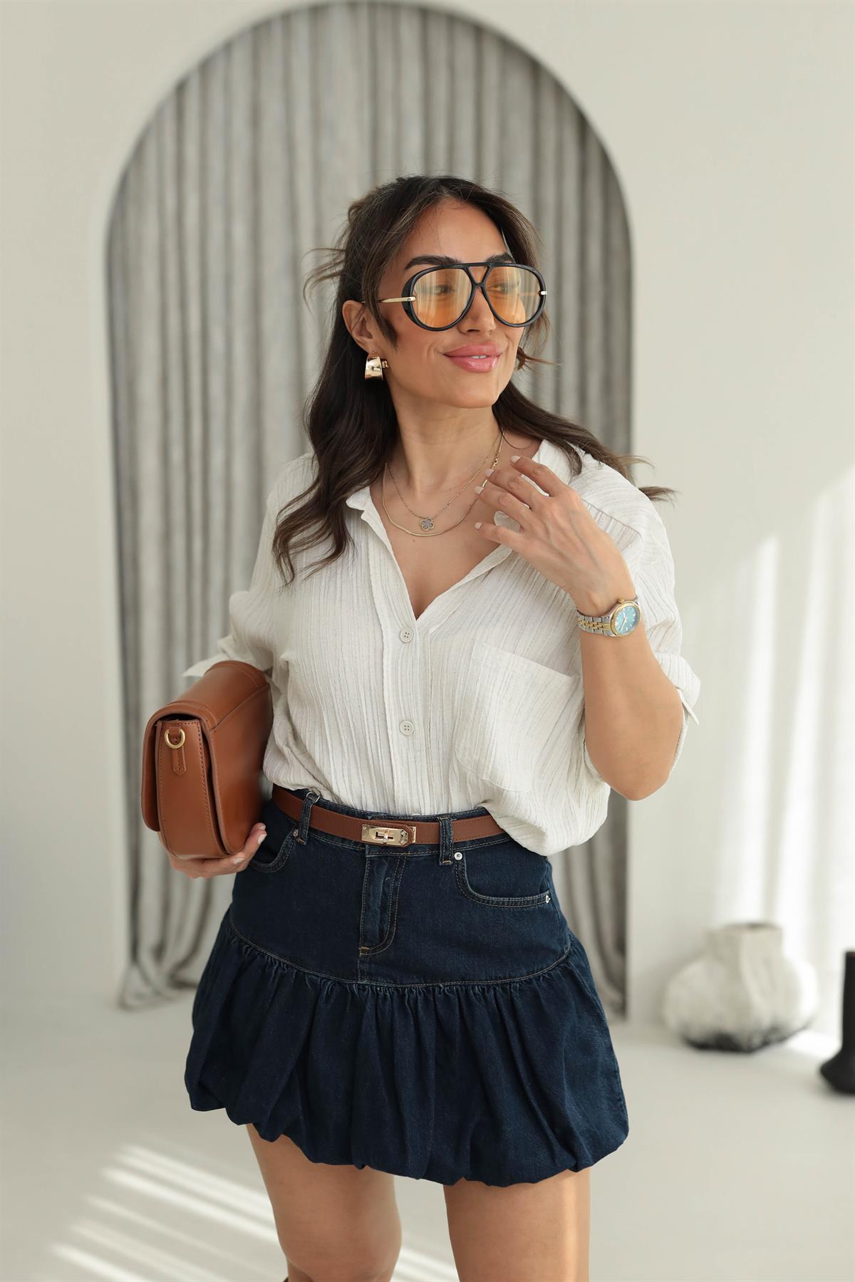 0573 Denim Mini Balon Etek KOYU LACİ