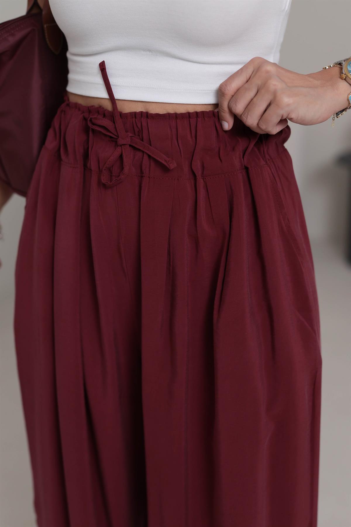 0165 Yüksek Bel Lastikli Bol Paça Tencel  Pantolon BORDO