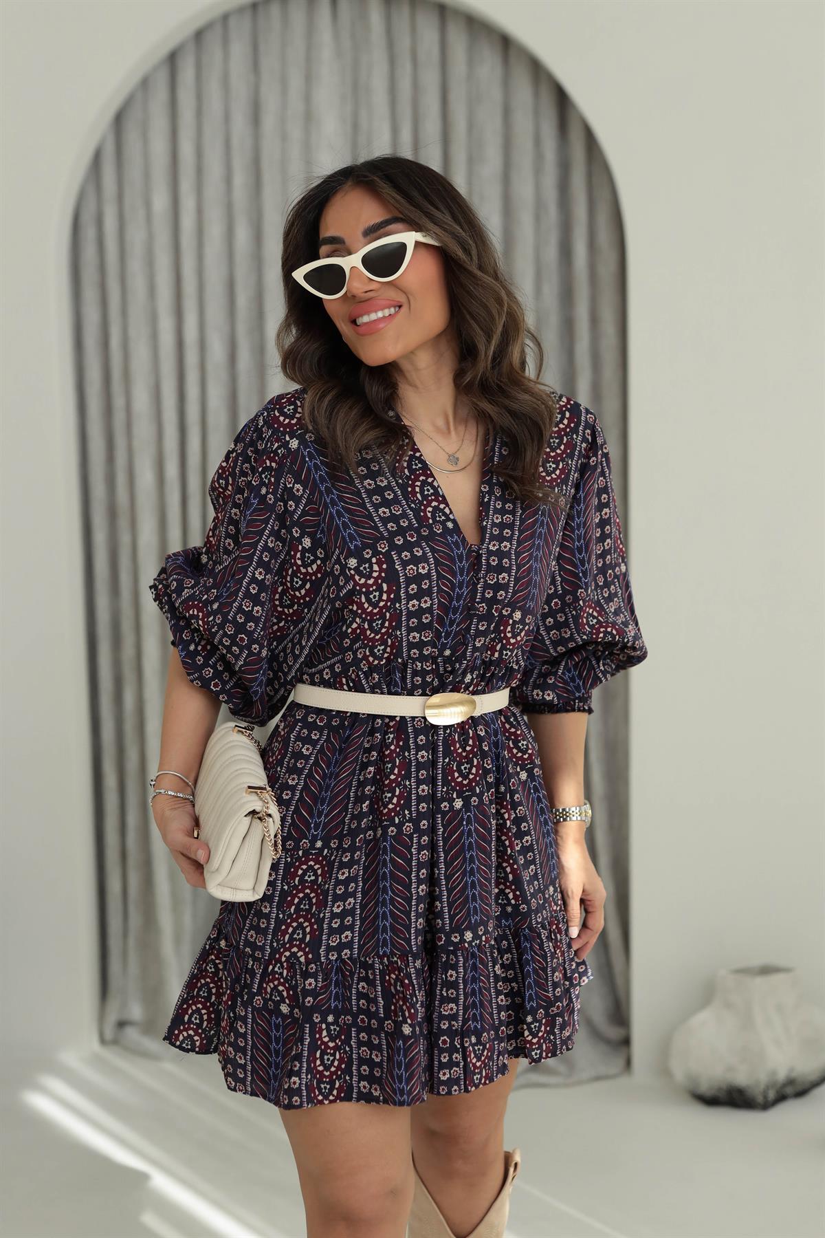 0280 V Yaka Düğmeli Kolları Lastikli Floral Desen Elbise DESENLİ