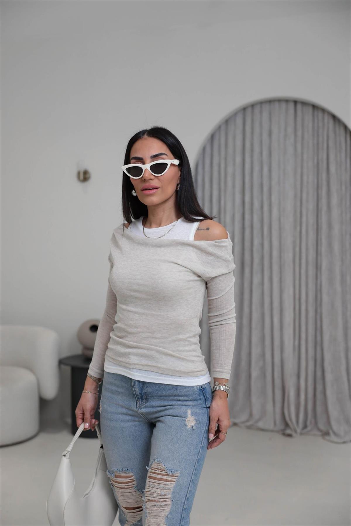 Çift Katmanlı Kayık Yaka İkili Bluz BEJ