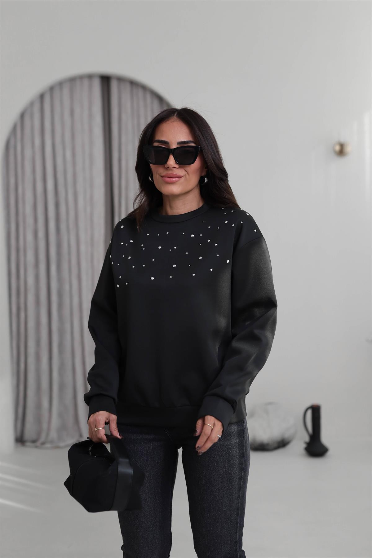 5902 Serpme Taşlı Scuba Sweatshirt SİYAH