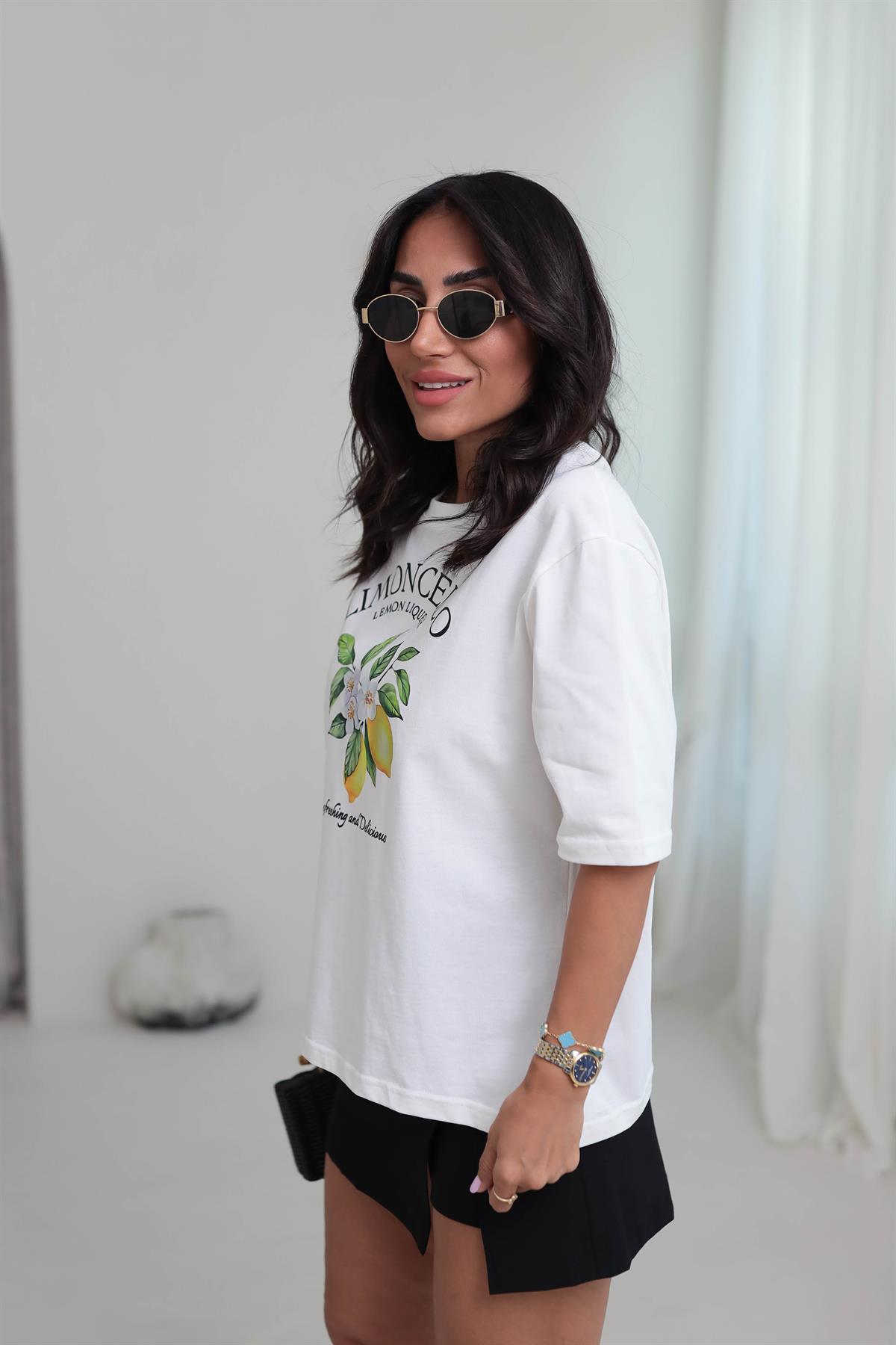 0500 Limoncello Baskılı Pamuklu Tshirt EKRU