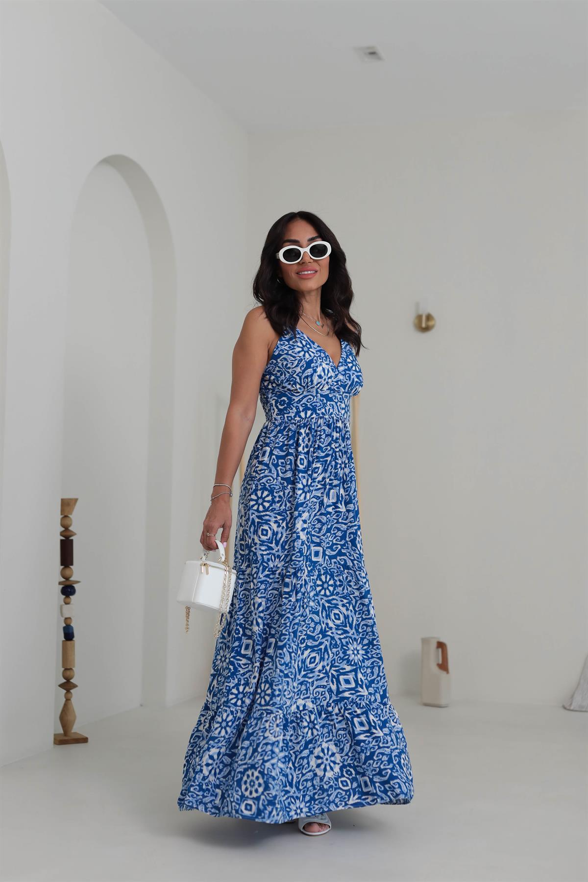 3517 Desenli İp Askılı Maxi Elbise MAVİ
