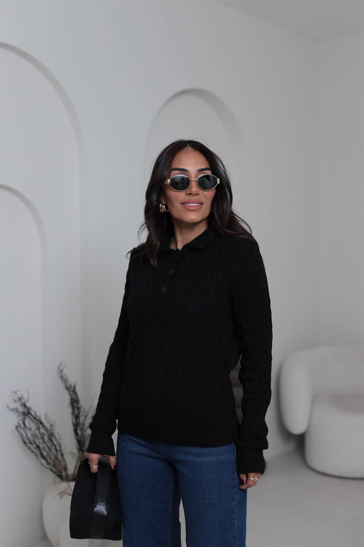 0145 Saç Örgü Polo Yaka Rahat Kazak SİYAH