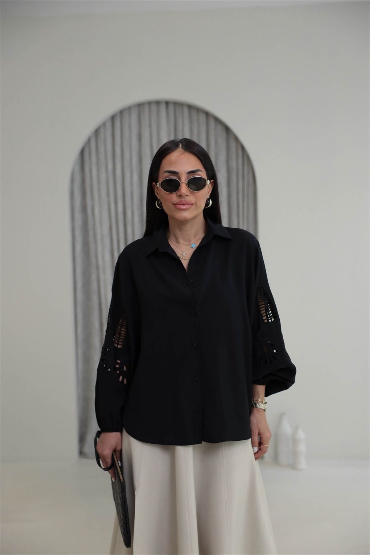 Kolları Fisto Detaylı Gömlek SİYAH