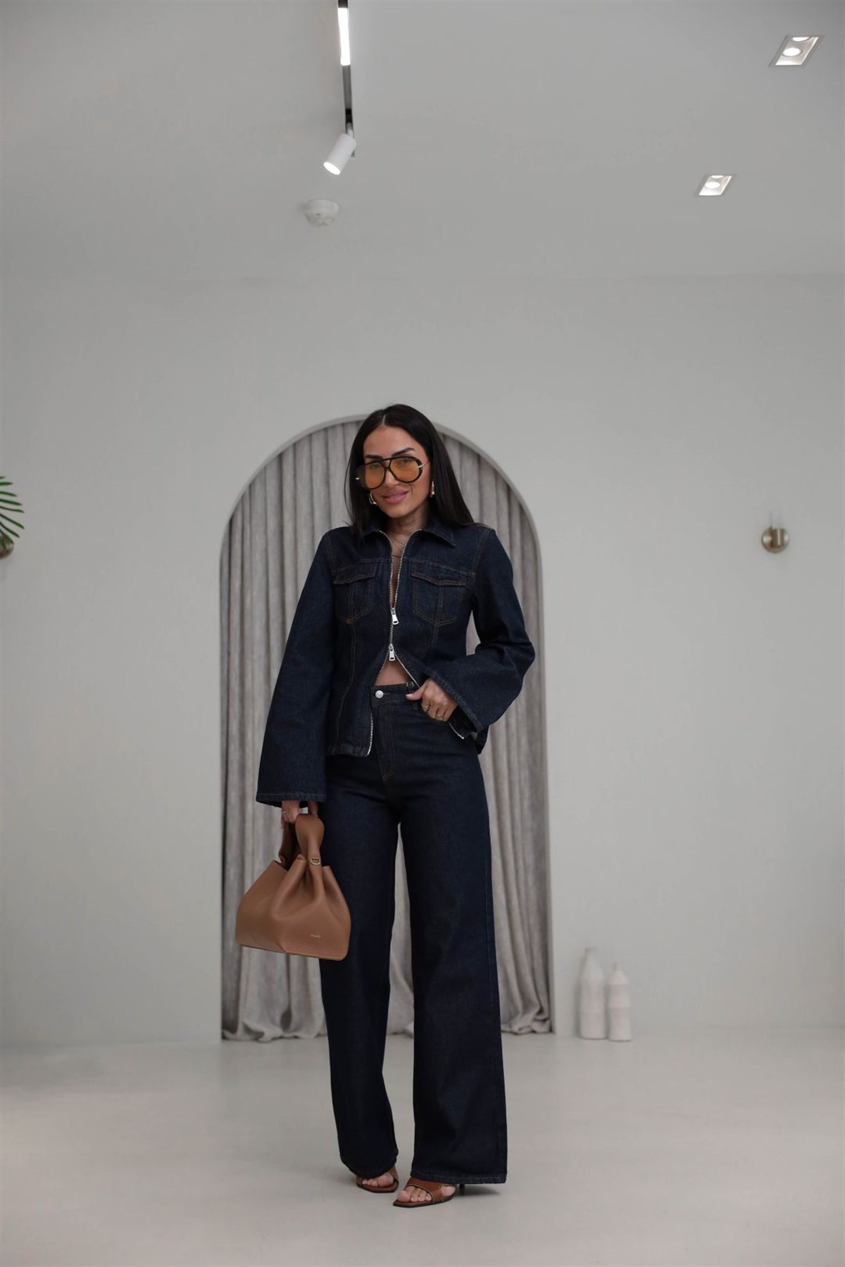 0966 Çift Yön Fermuarlı Denim Ceket Pantolon Takım LACİVERT