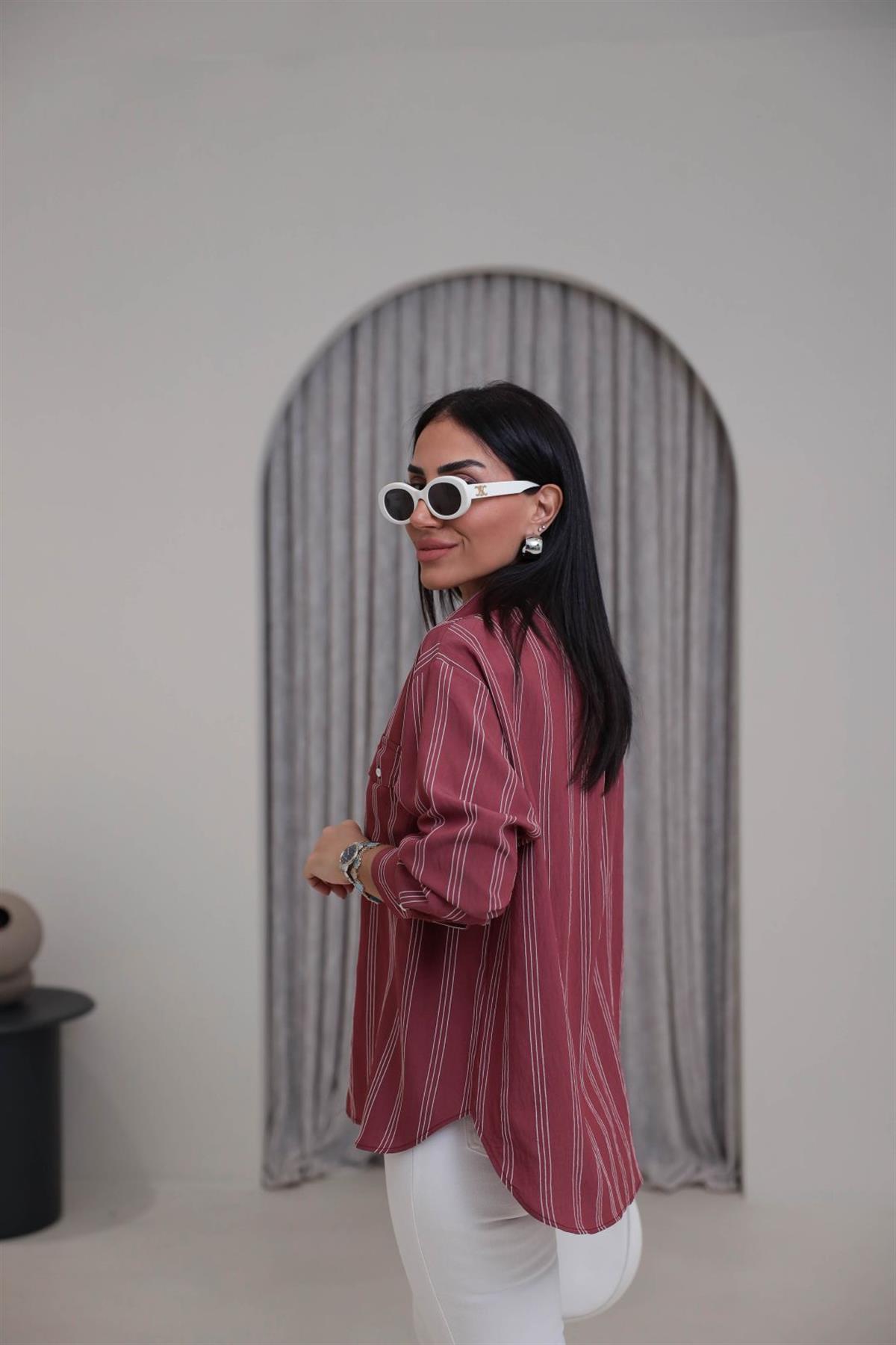4003 Cepli Çizgili Viskon Gömlek BORDO