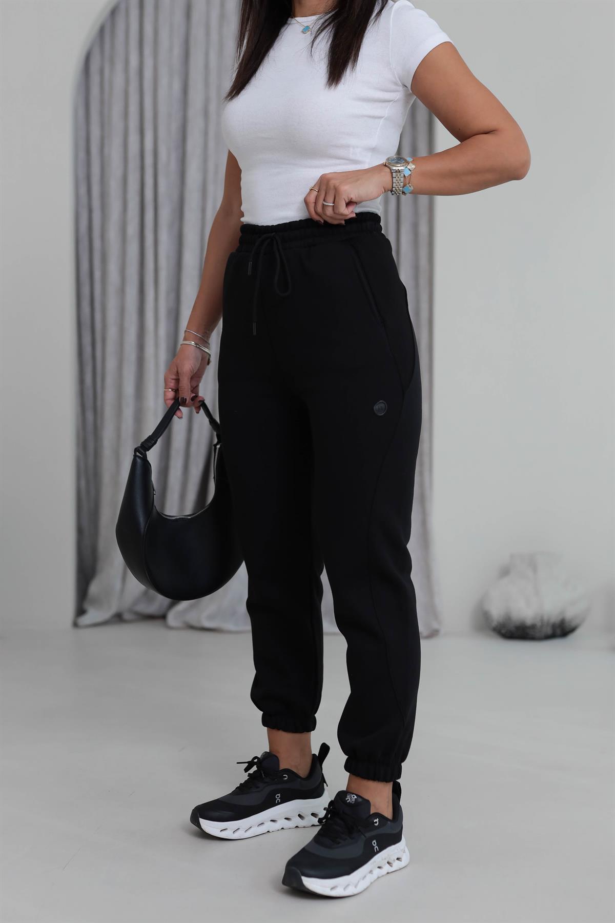 7314 Ribanalı Bel Lastikli 3 iplik Şardonlu Eşofman Altı SİYAH