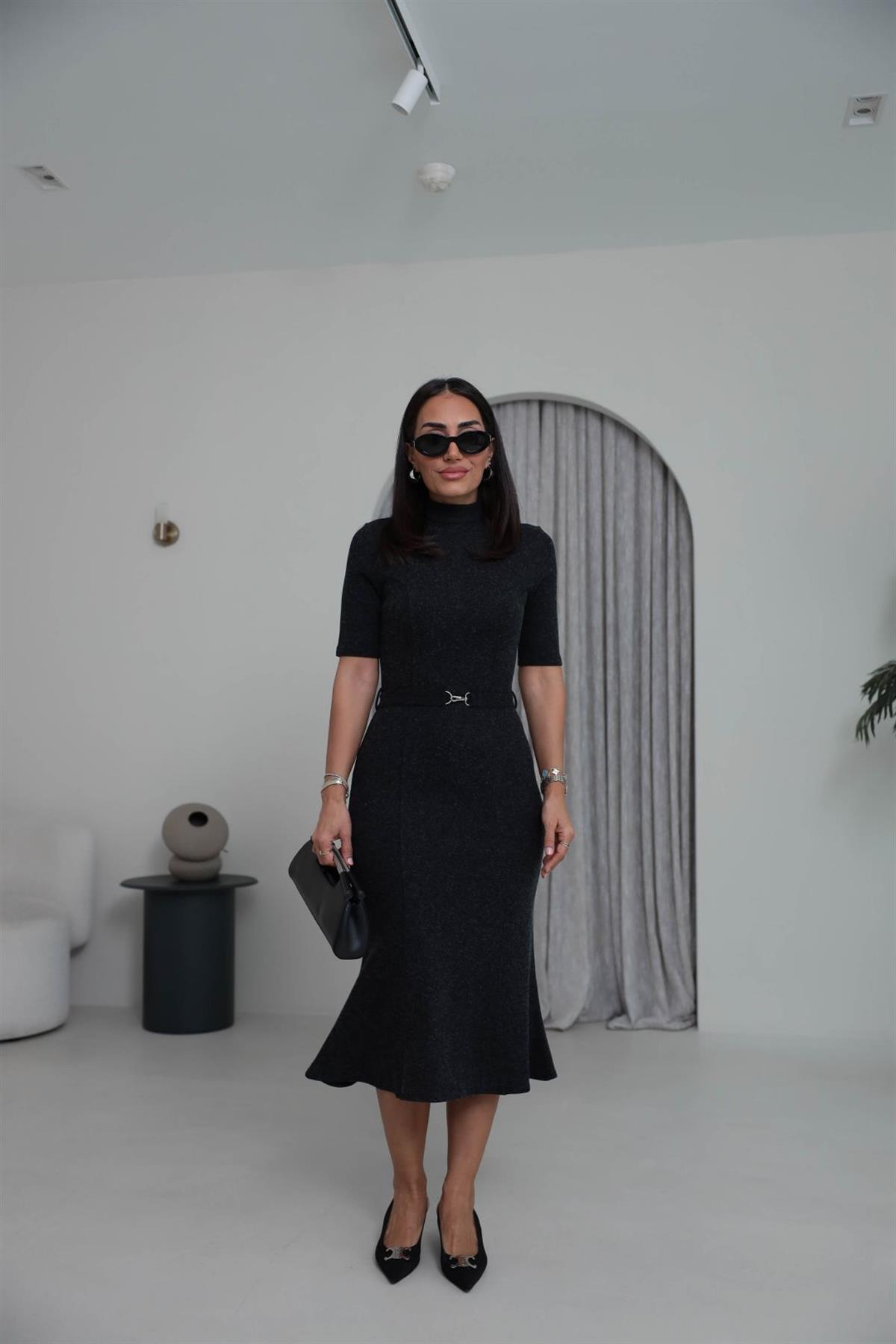 7297 Kemerli Yumuşak Dokulu Elbise ANTRASİT