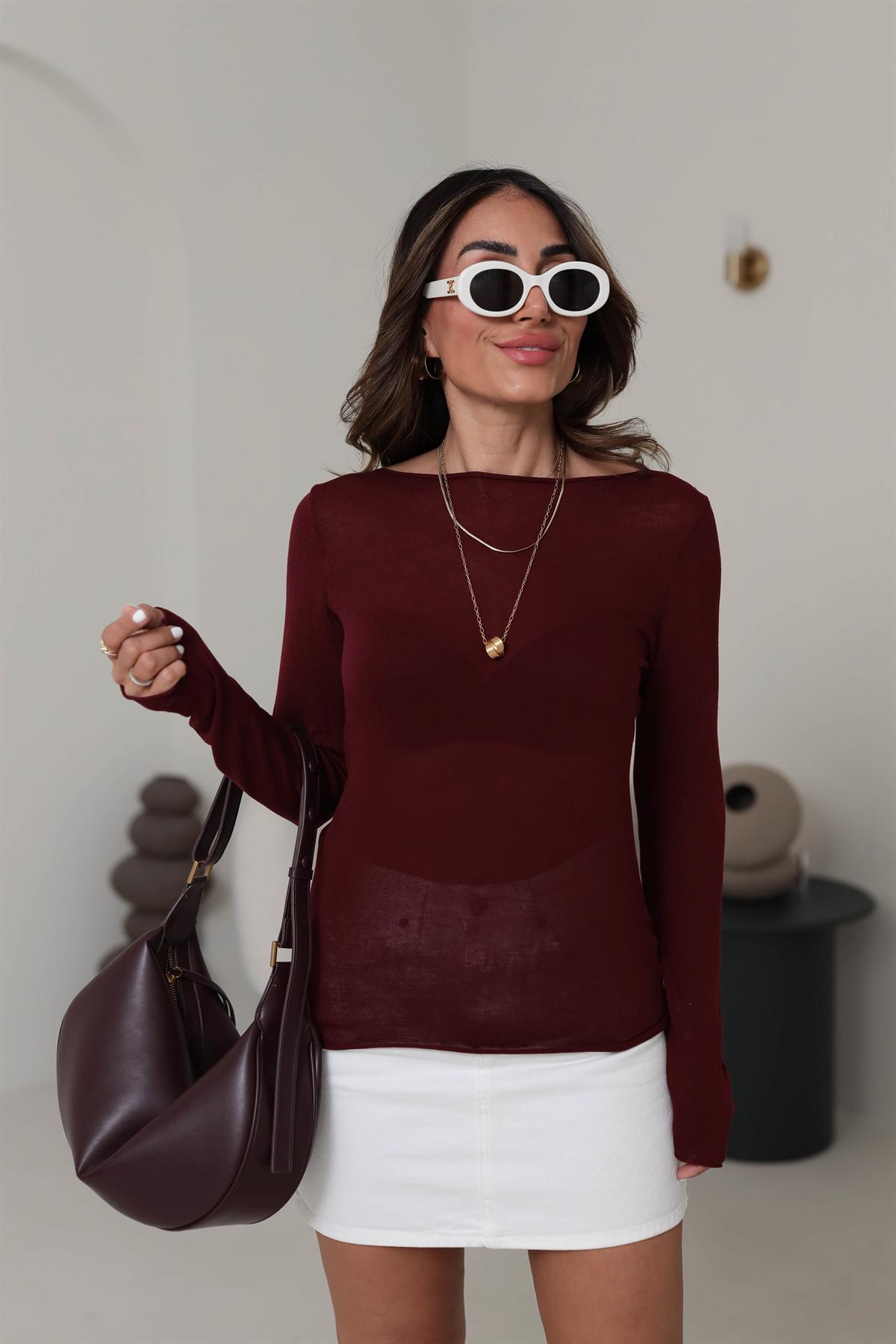 Havuz Yaka İnce Merserize Triko Bluz BORDO