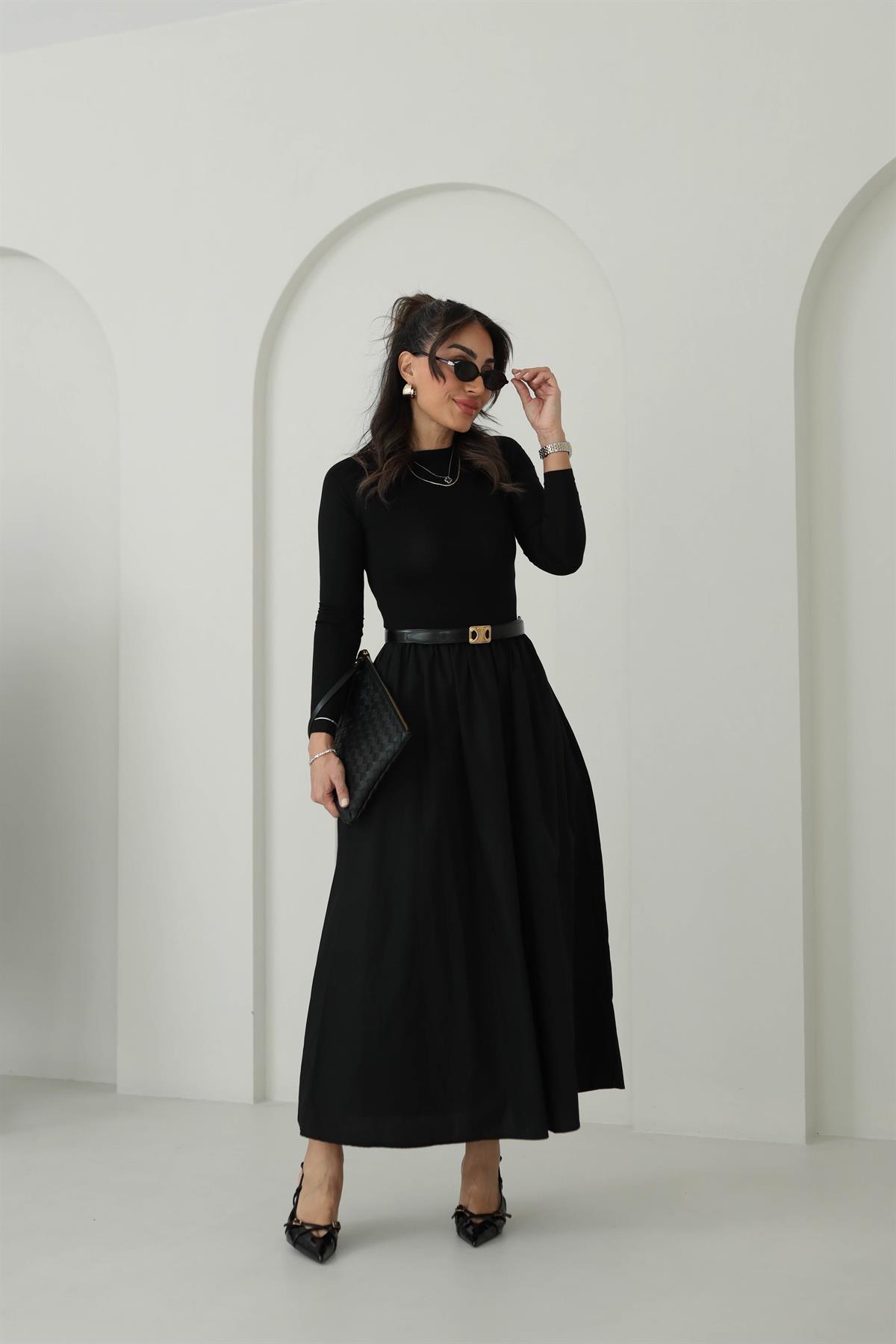 2062 Penye Detaylı Parçalı Poplin Elbise SİYAH