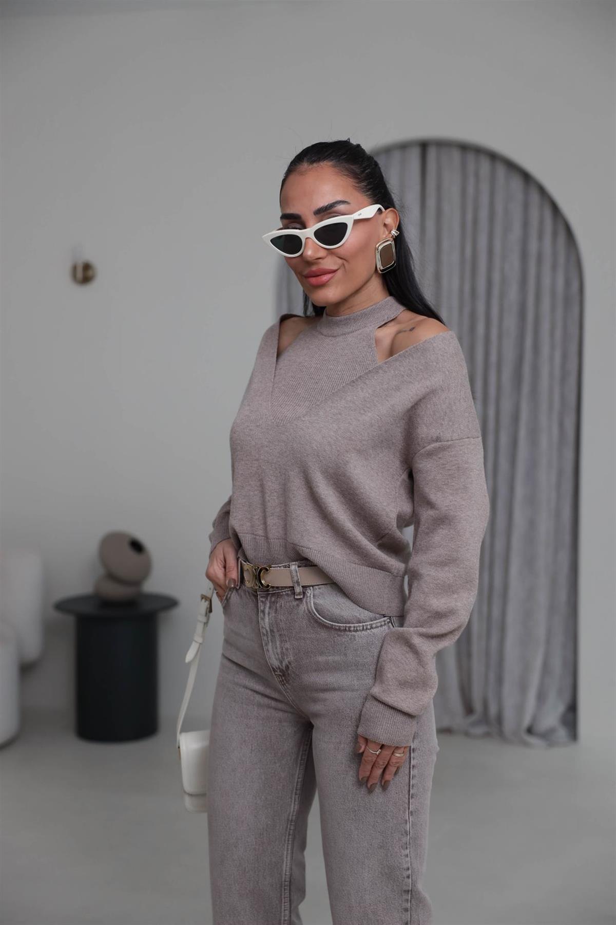 1206 V Yaka İkili Korsman Bluz VİZON