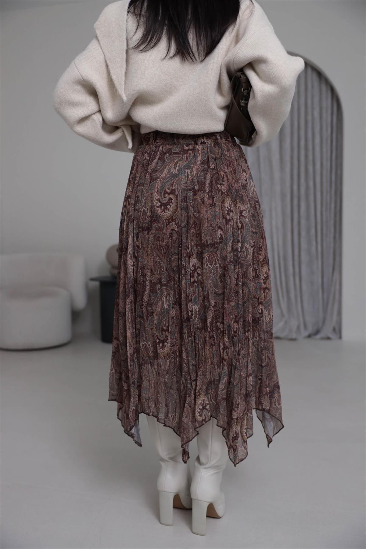 3873 Bel Lastikli Astarlı Asimetrik Etek DESENLİ