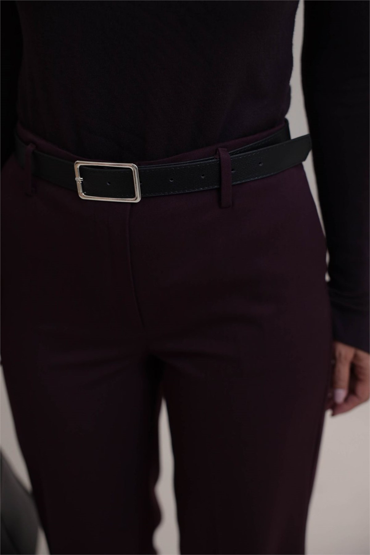 7291 Kemerli Ütü Çizgili Kumaş Pantolon BORDO