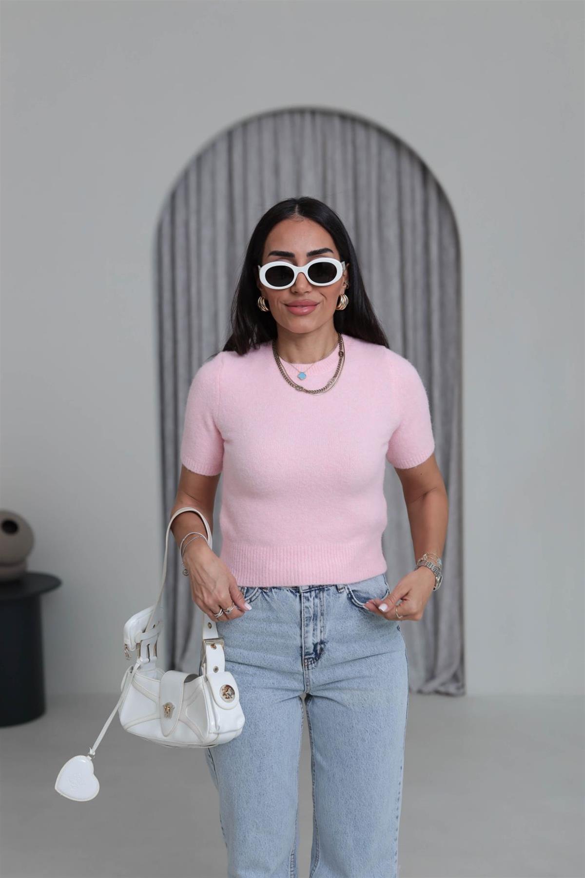 0651 Bisiklet Yaka Yumuşak Dokulu Kısa Kol Triko Kazak PEMBE