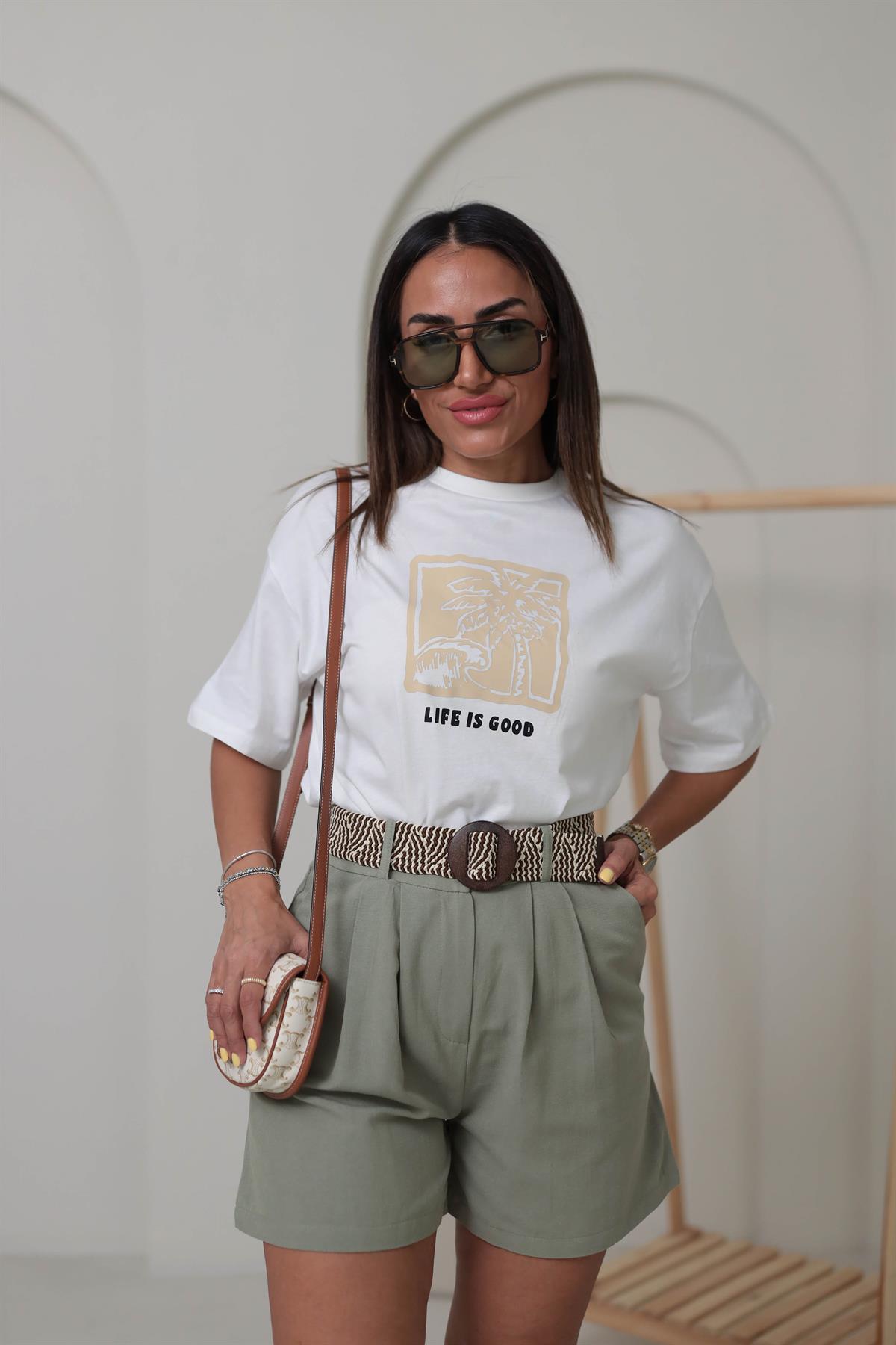 0317 Kemerli Rahat Keten Şort HAKİ YEŞİL