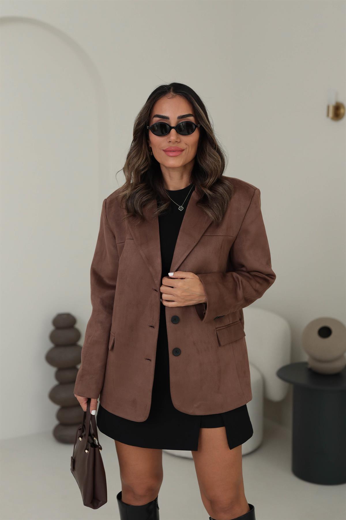 8022 Süet Kumaş Blazer Ceket KAHVE