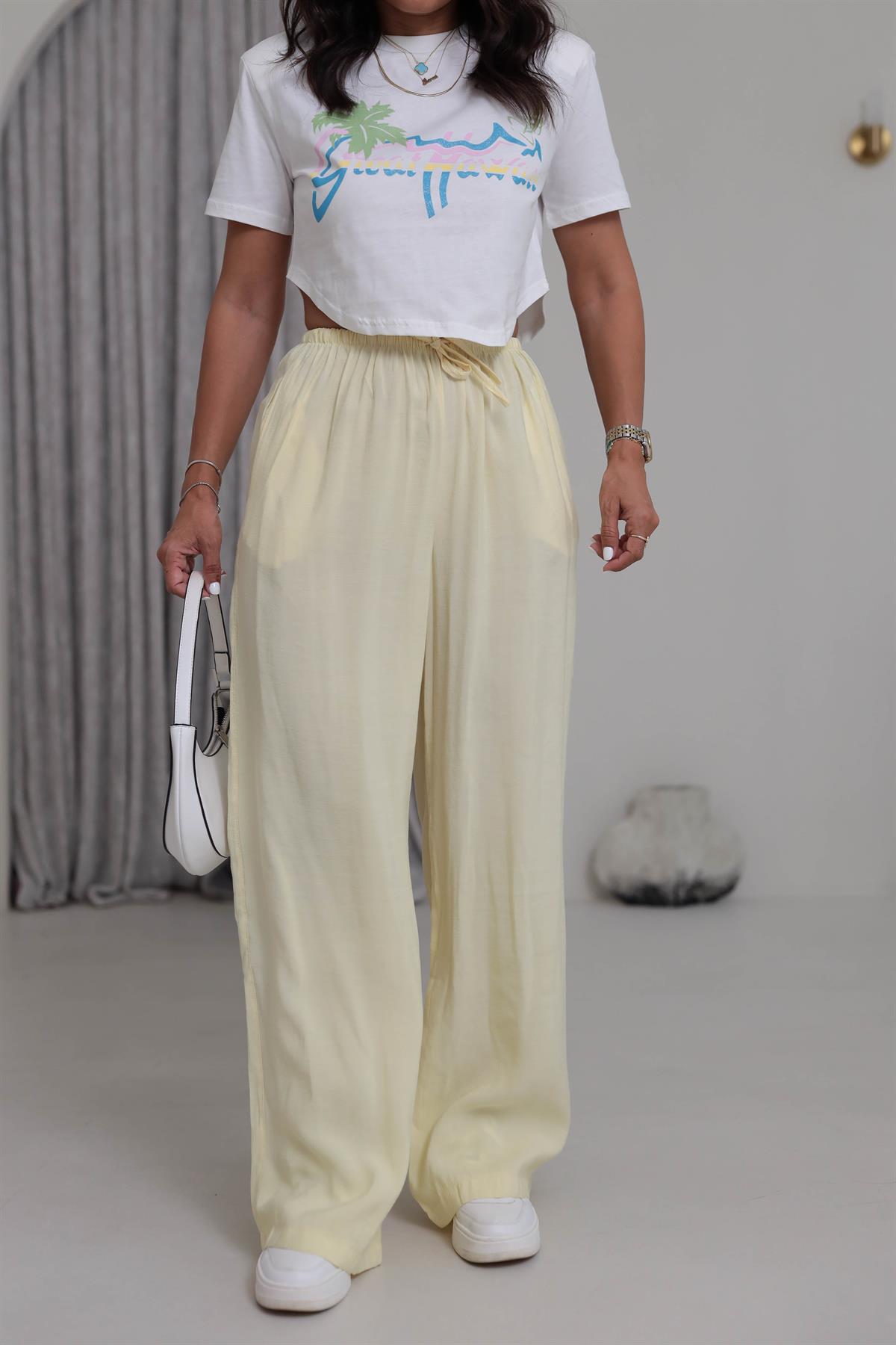 1141 Bel Lastikli Tencel Pantolon SARI