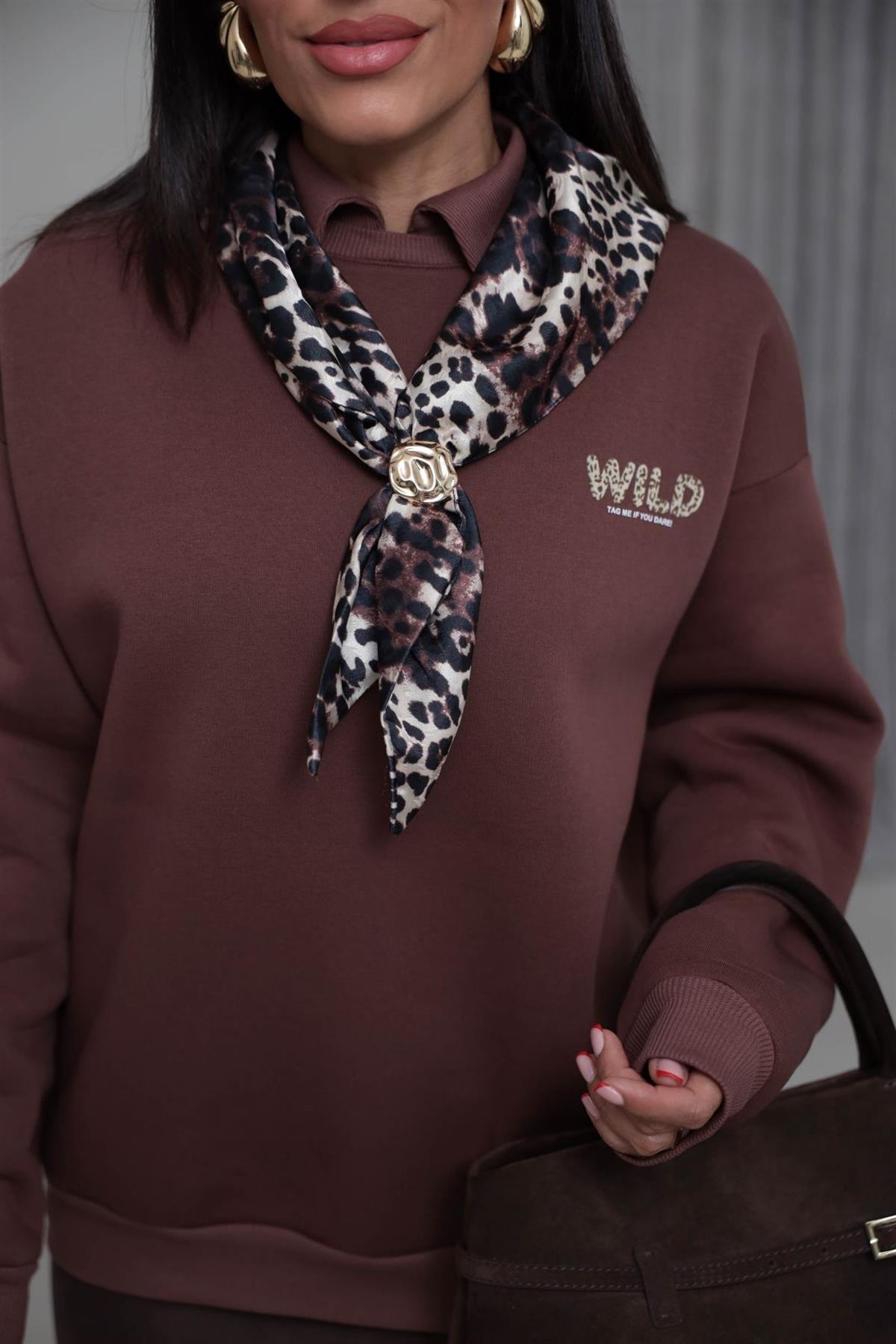 0613 Polo Yaka Fular Detaylı Şardonlu Sweatshirt KAHVE