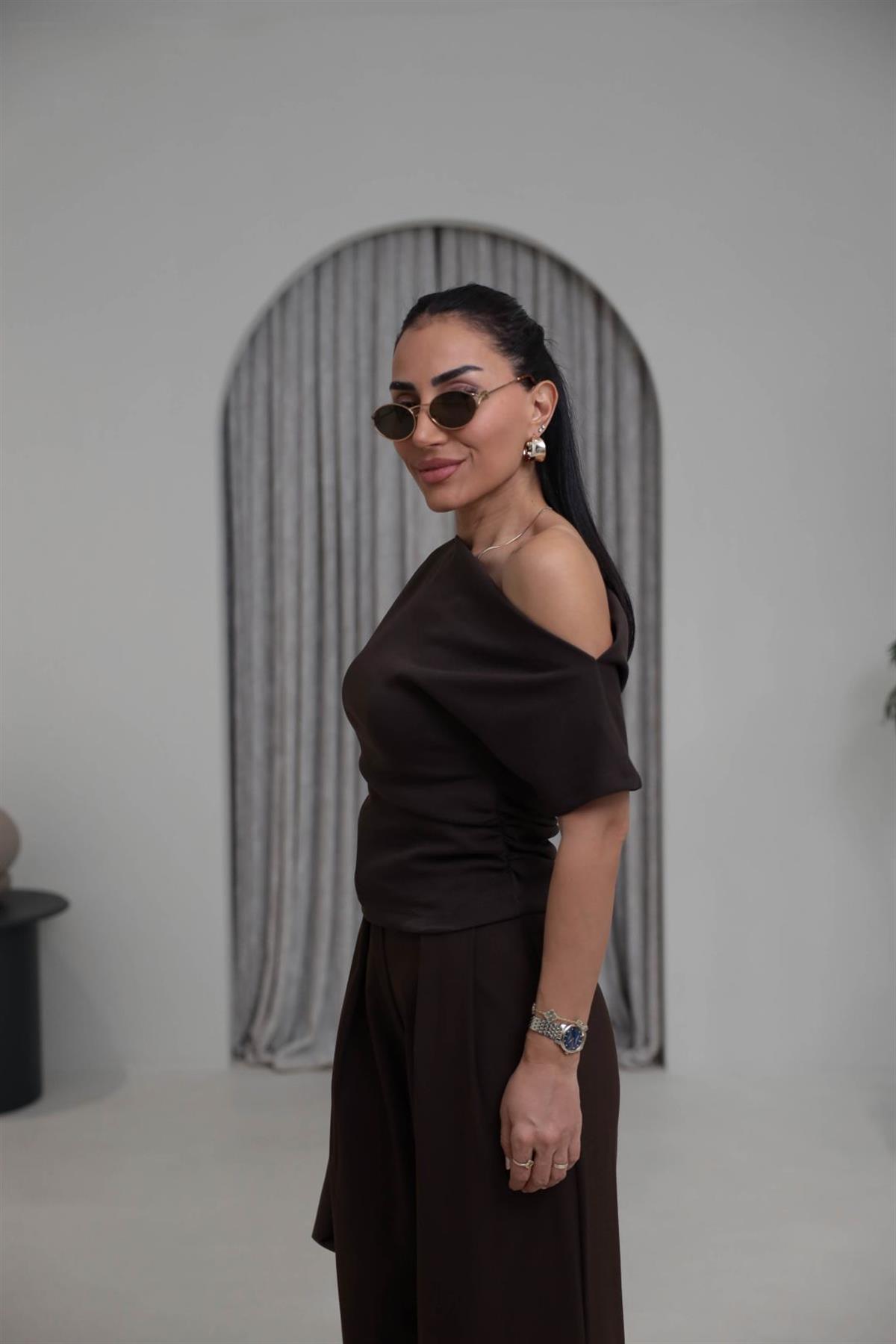 0840 Tek Omuz Drapeli Tok Penye Bluz KAHVE