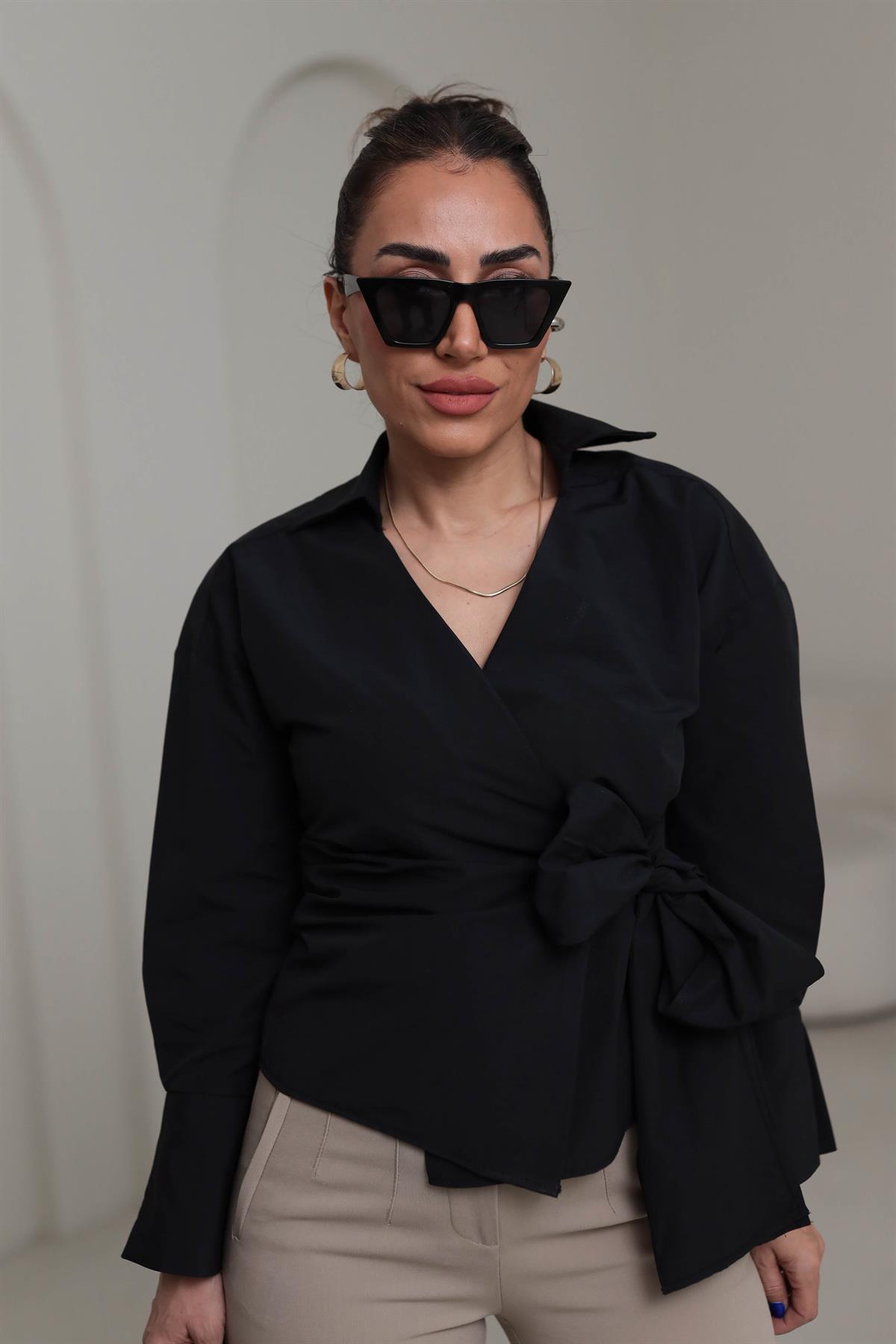 1023 Kruvaze Yaka Yandan Bağlamalı Poplin Gömlek SİYAH