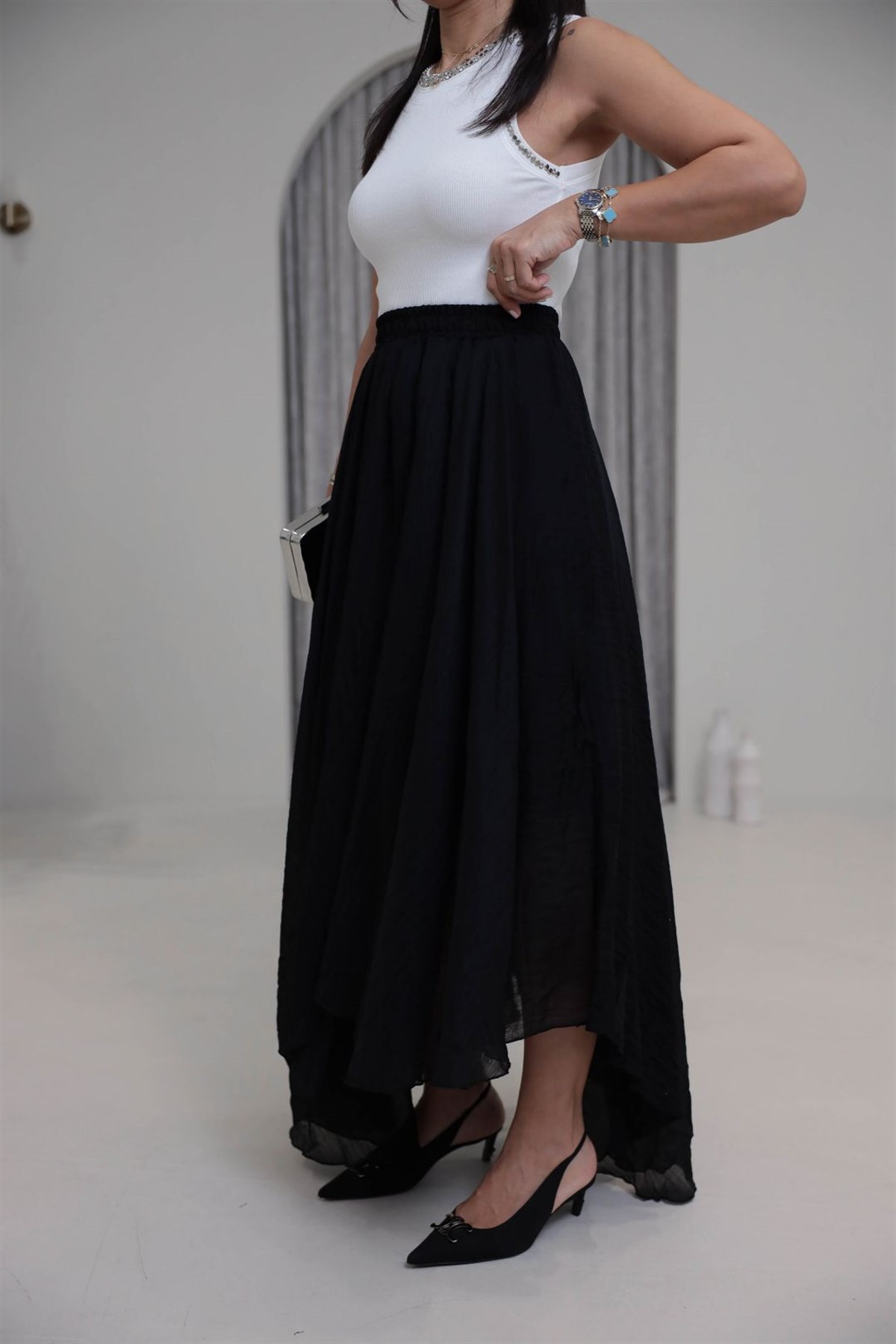 1022 Kraşlı Bel Lastikli Asimetrik Etek SİYAH