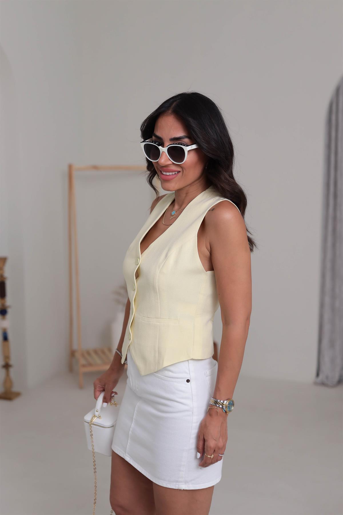 1144 Arka Toka Detay Terni Yelek AÇIK SARI