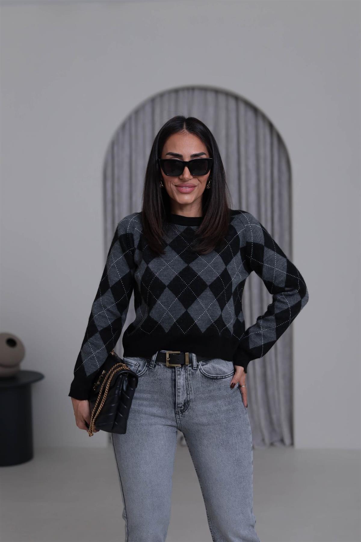 5219 Bisiklet Yaka Baklava Desen Massi Kazak LACİVERT