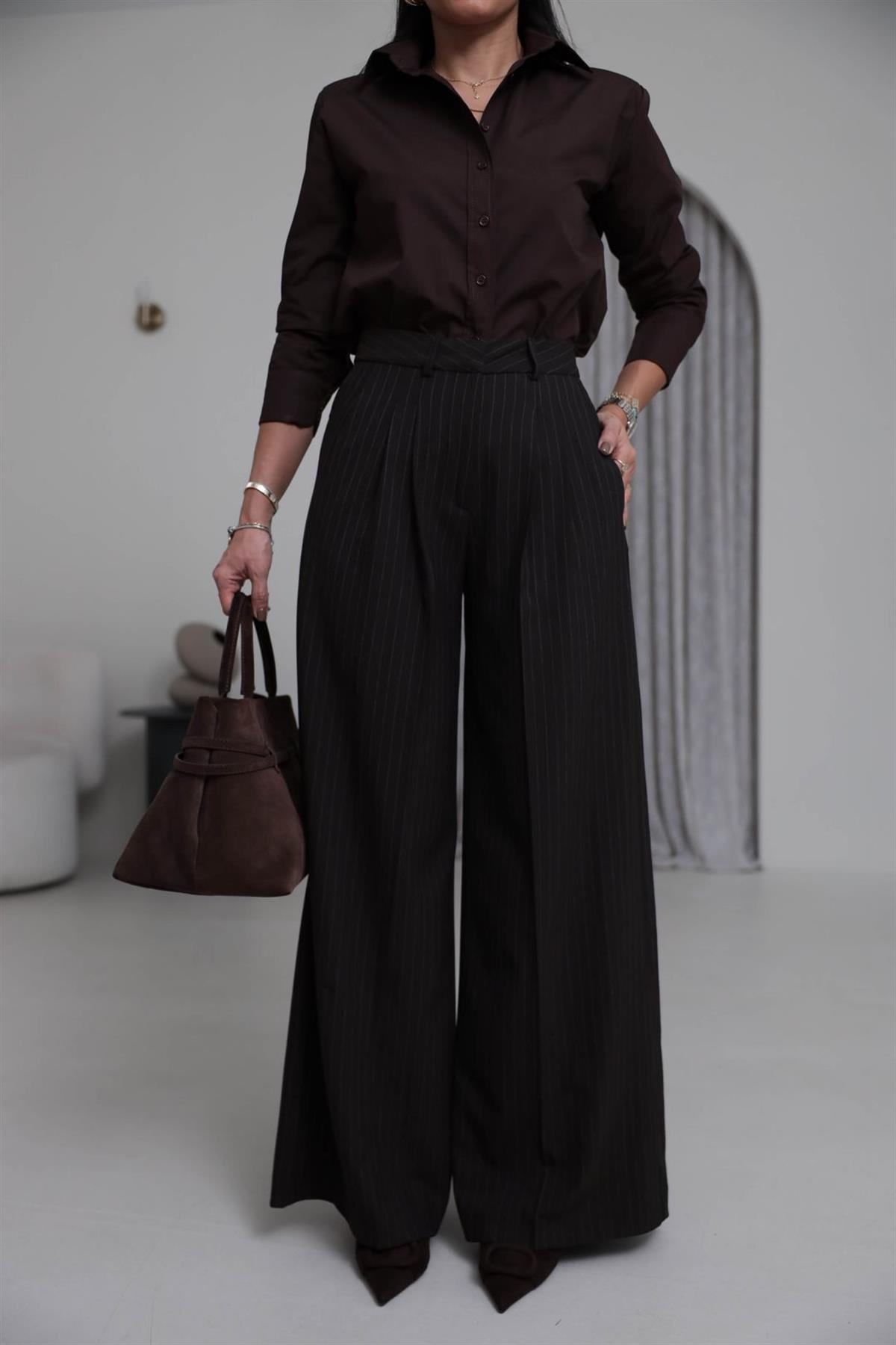 7363 Çizgili Geniş Paça Kumaş Pantolon KAHVE