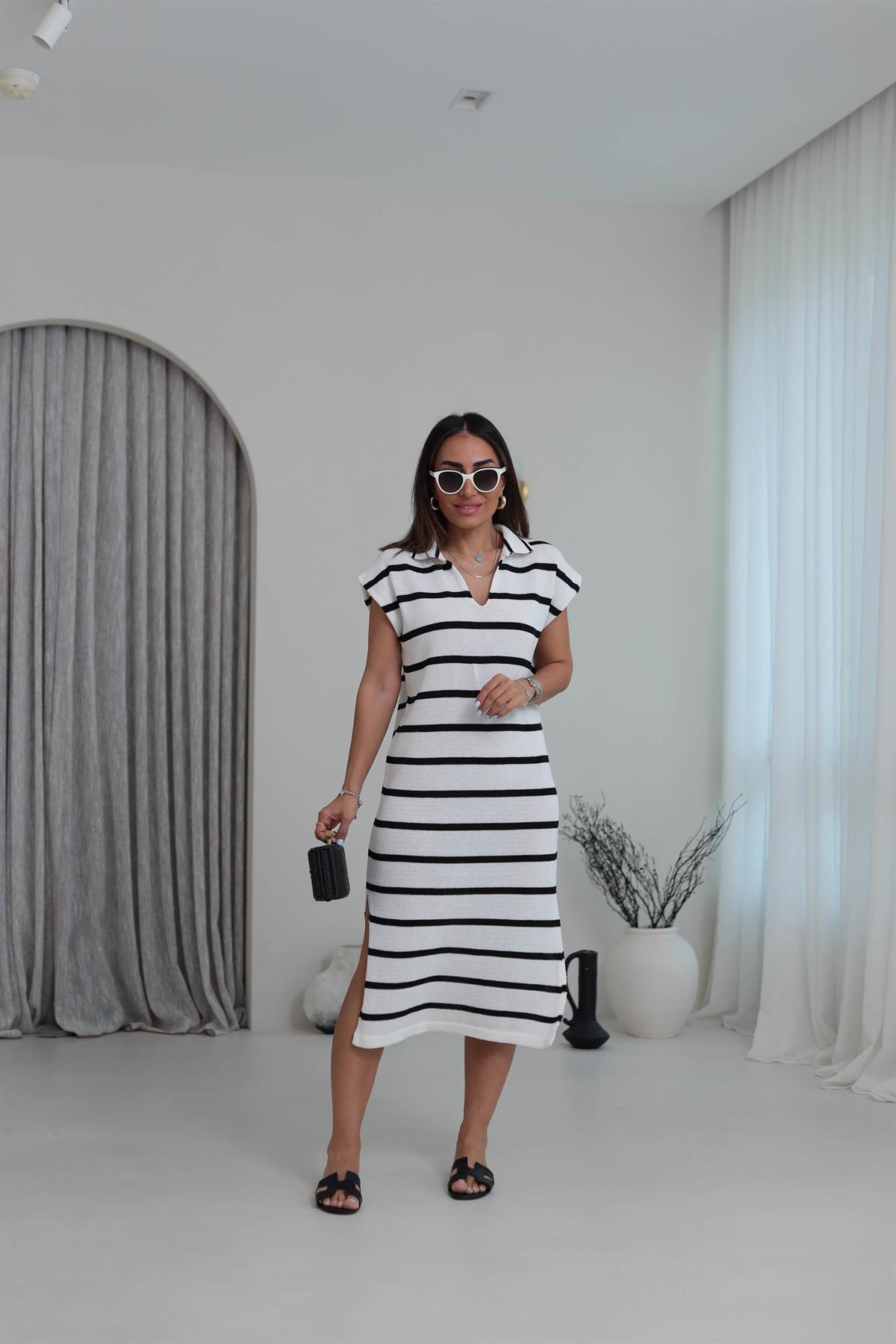 0097 Yanları Yırtmaçlı Polo Yaka Çizgili Triko Elbise ÇİZGİLİ