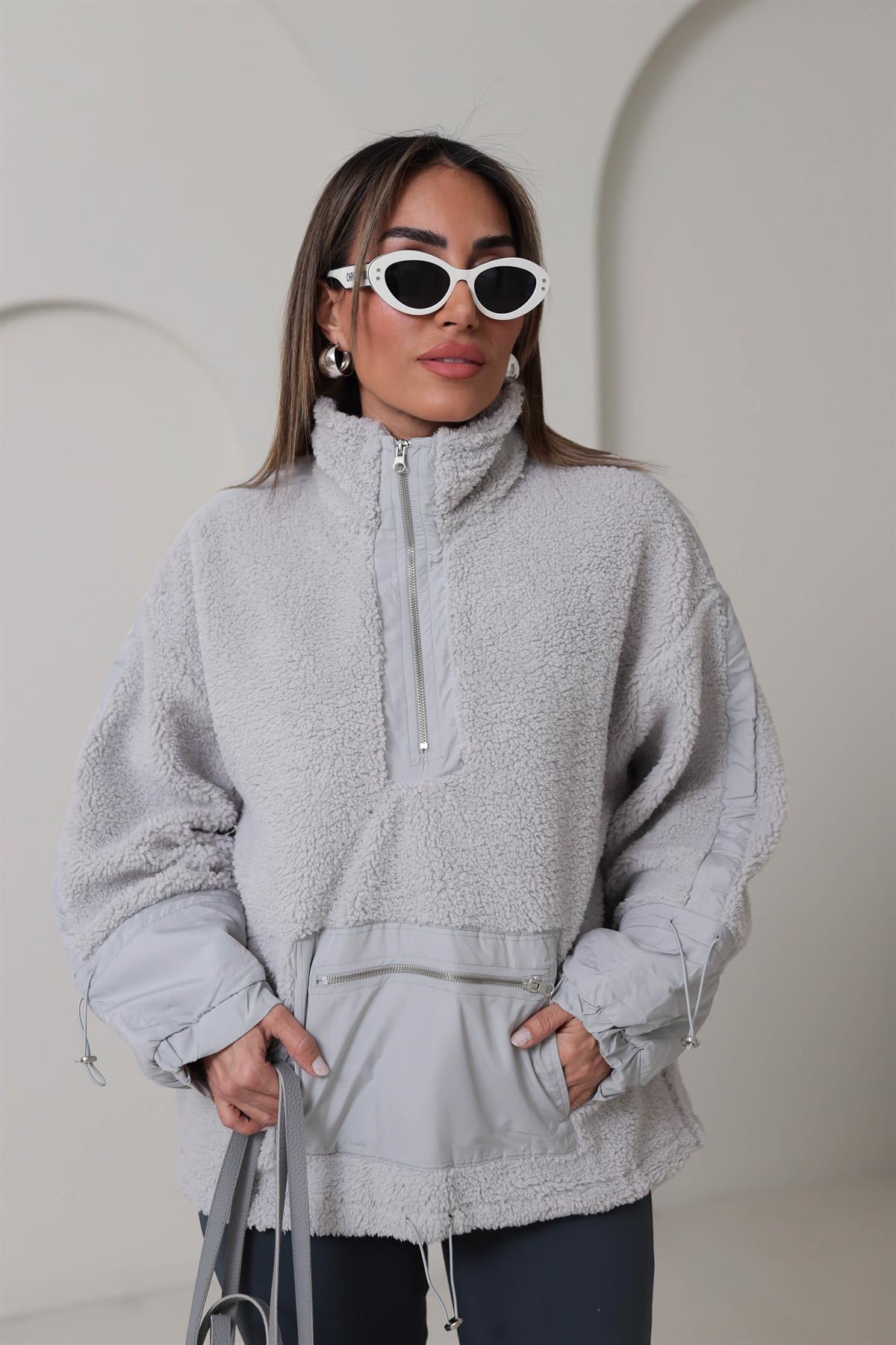 Yarım Fermuarlı Paraşüt Kumaş Detaylı Sweatshirt GRİ