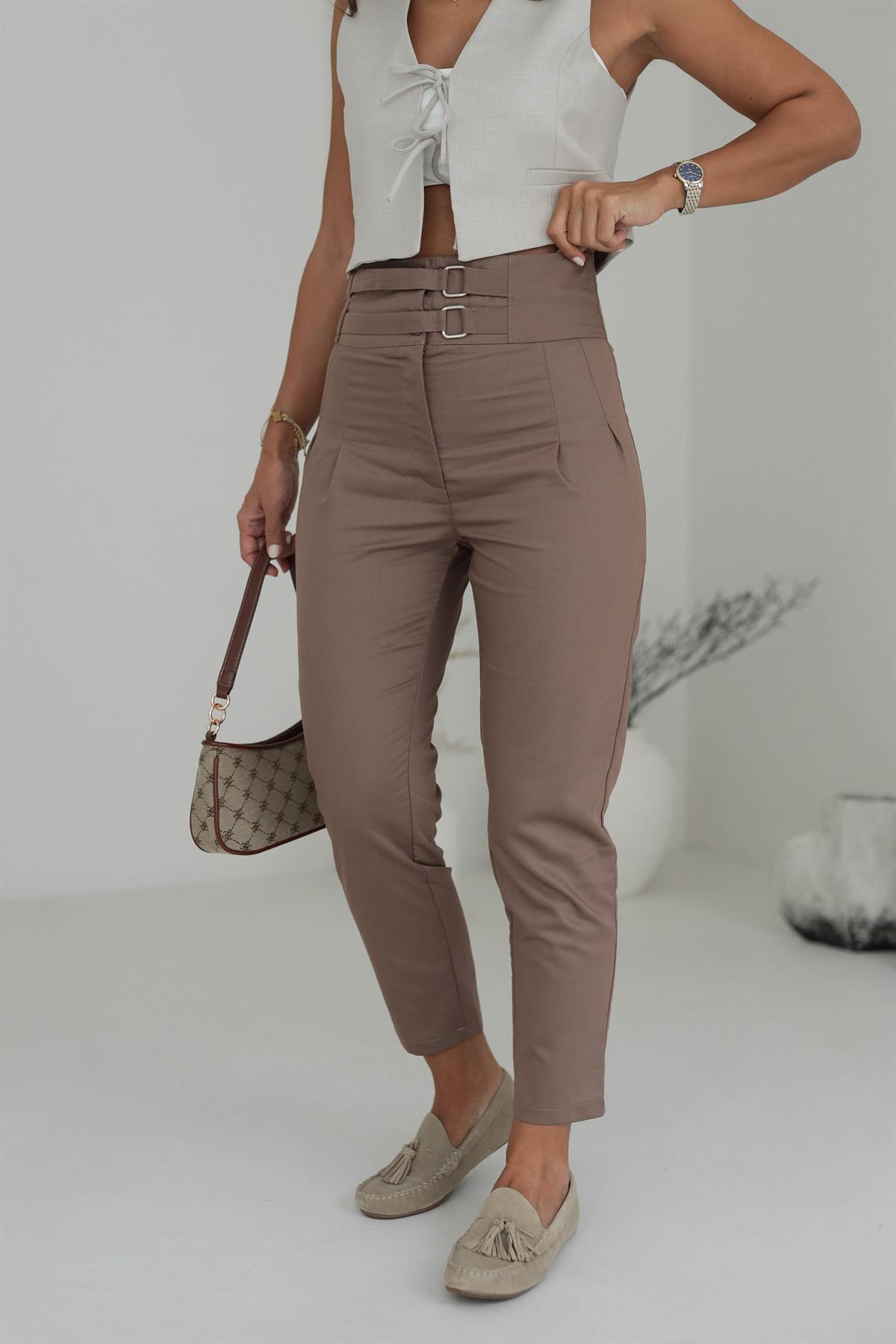 Çift Kemerli Yüksek Bel Pantolon
