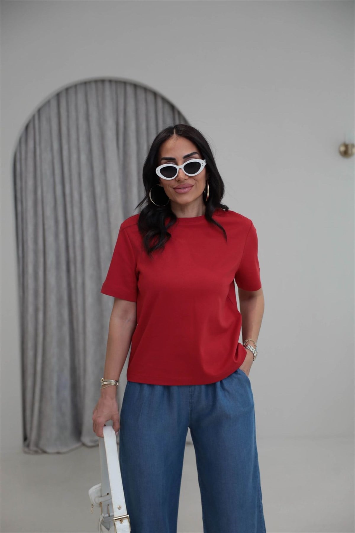 6074 Bisiklet Yaka Pamuklu Basic Tshirt KIRMIZI