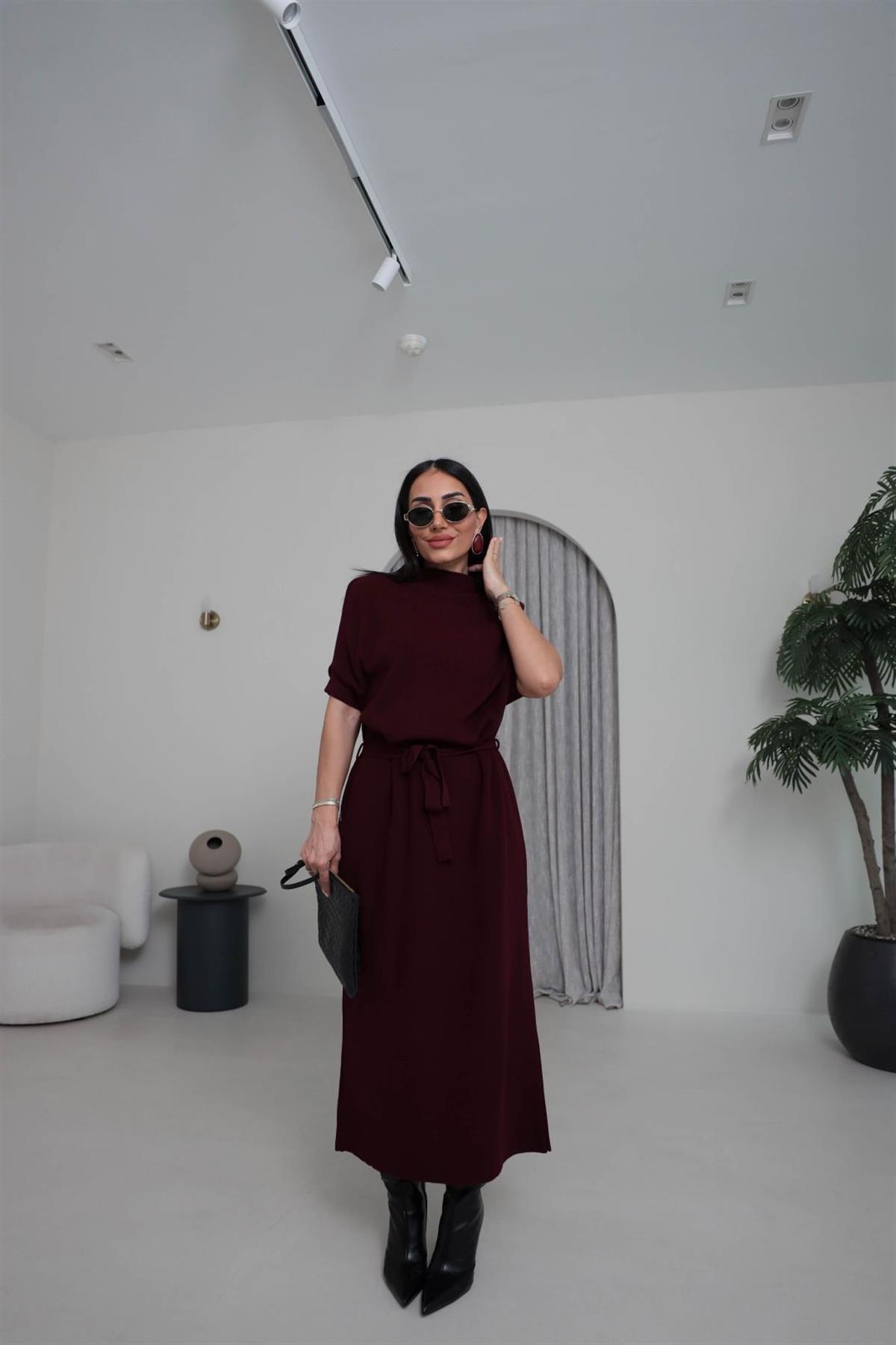 5265 Dik Yaka Kuşaklı Triko Elbise BORDO