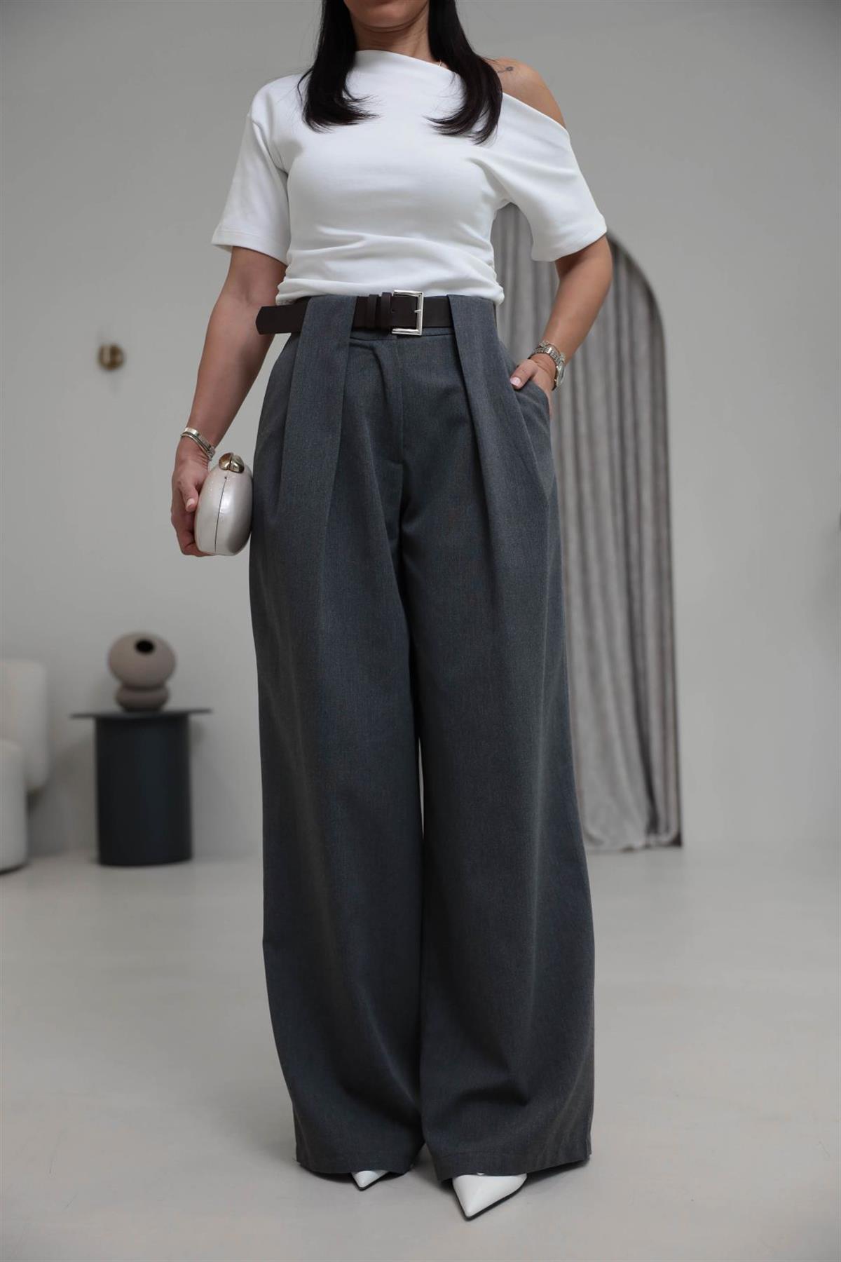 8465 Kemerli Pile Detaylı Kumaş Pantolon KOYU GRİ