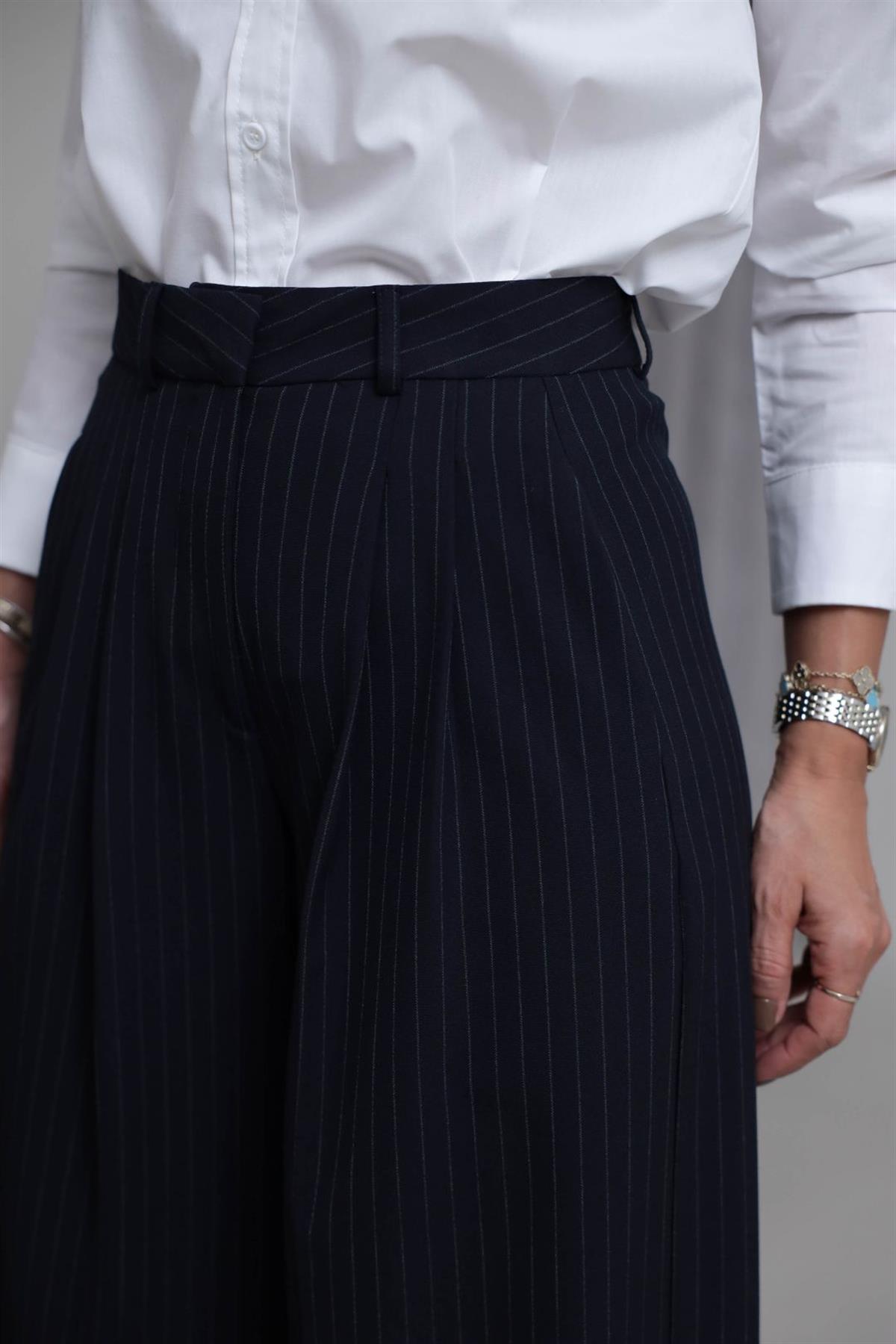 7363 Çizgili Geniş Paça Kumaş Pantolon LACİVERT