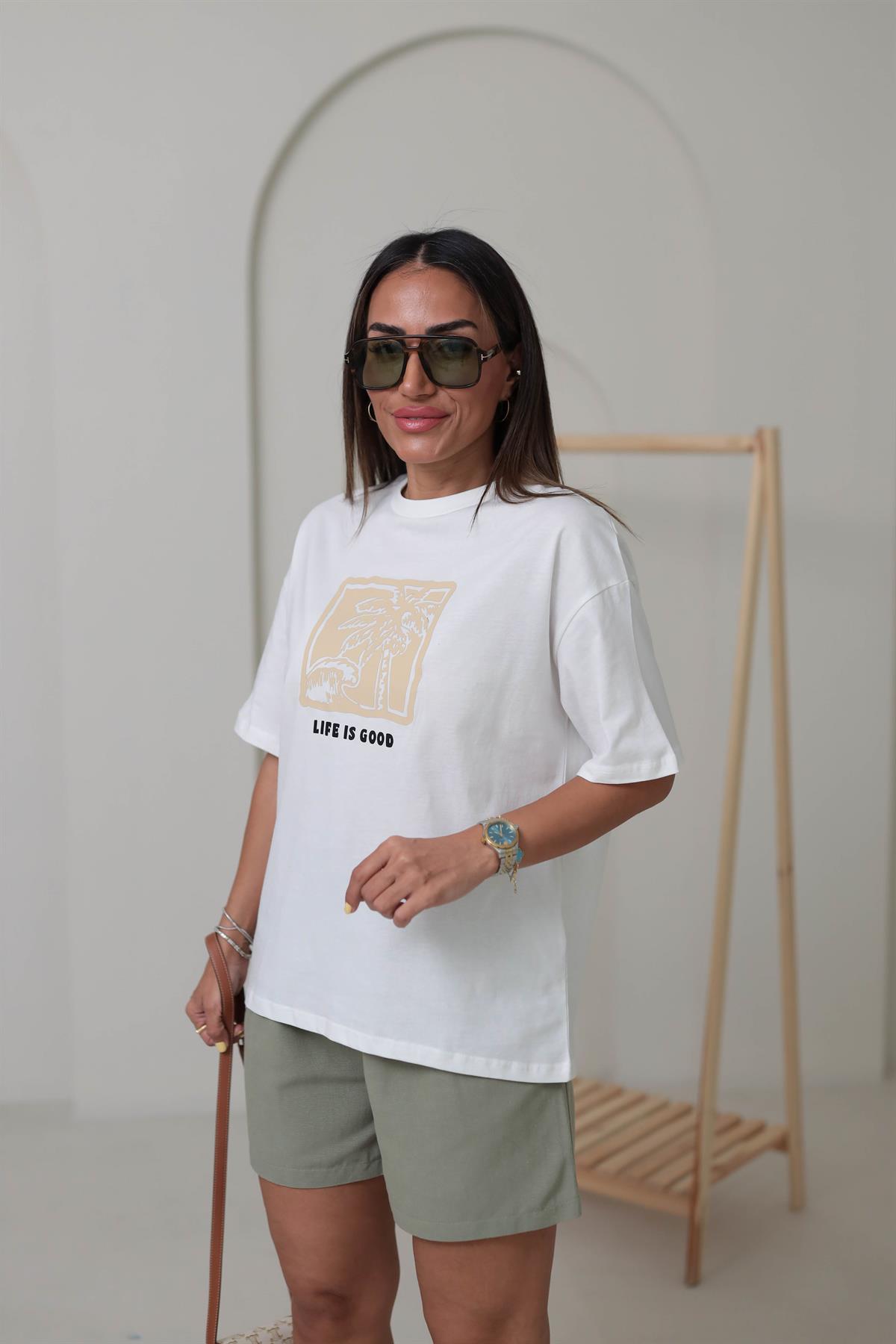 0392 Life Is Good Pamuklu Tshirt EKRU