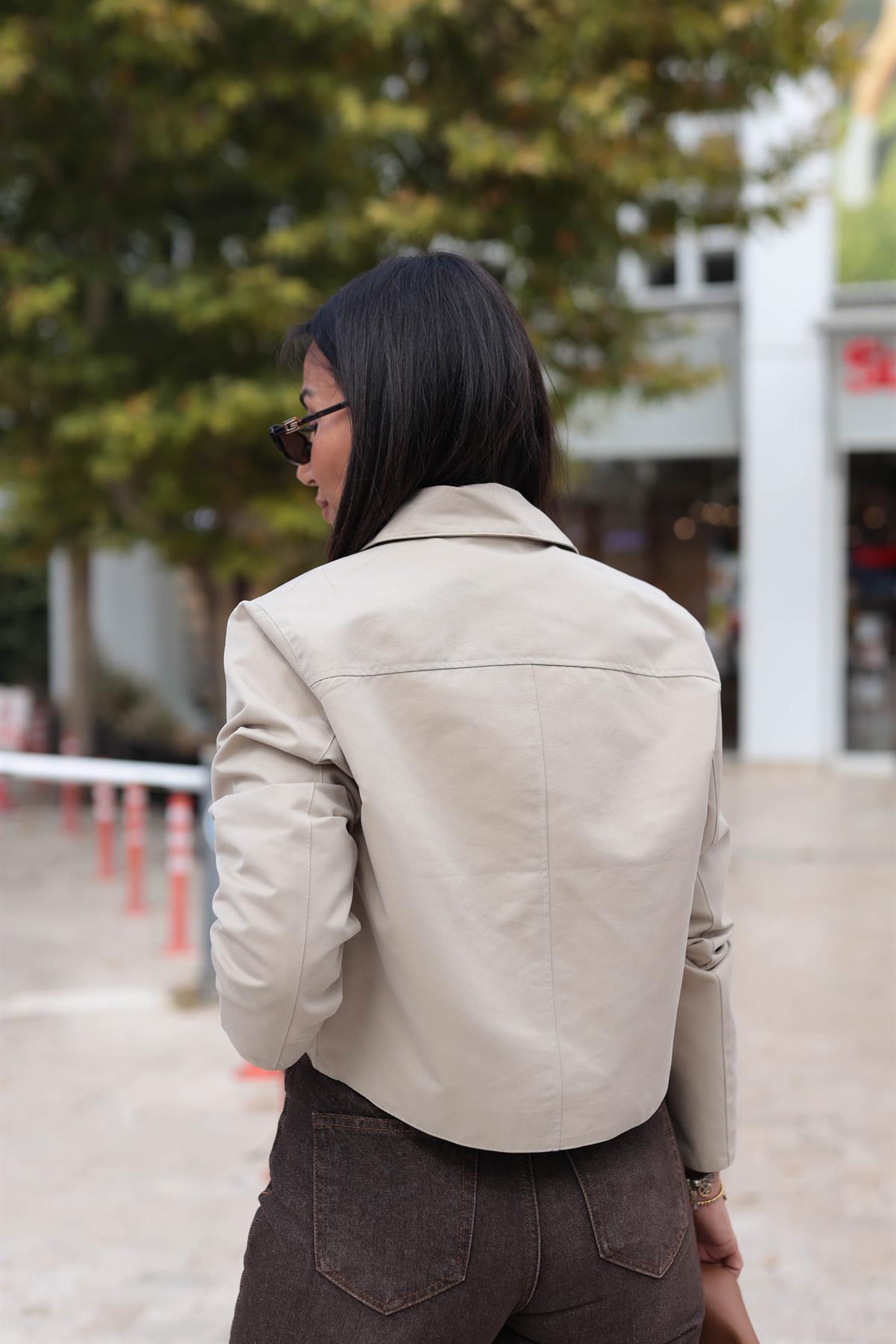 0163 Cep Kapaklı Kısa Trençkot Ceket TAŞ