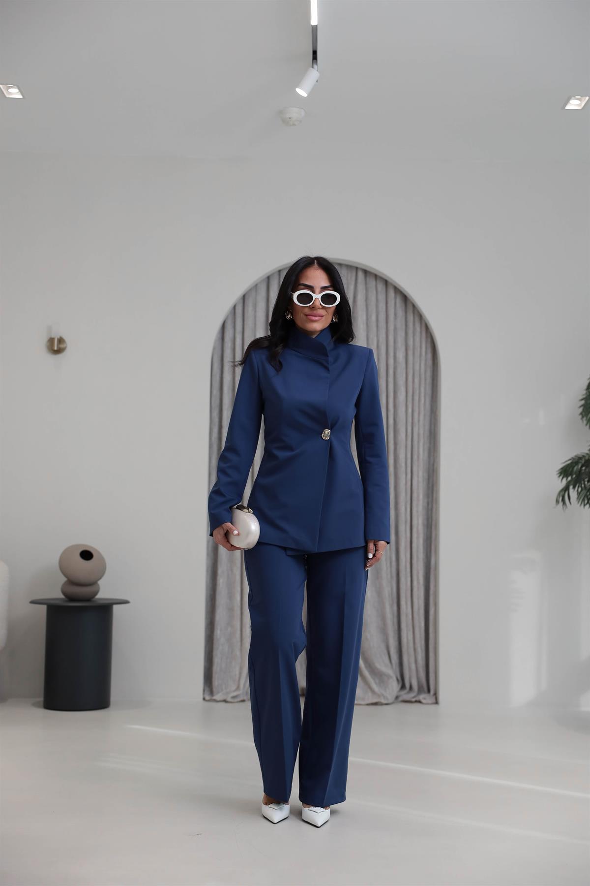 2041 Yaka Detaylı Gold Düğmeli Ceket Pantolon Takım Indigo